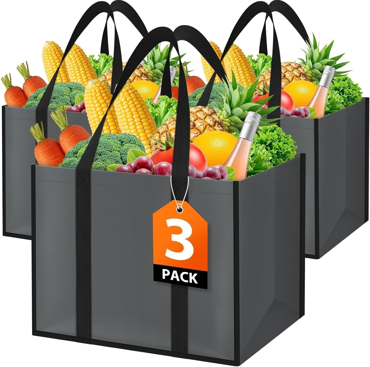 WISELIFE Reusable Grocery Bags with Handles – 3 Pack, 35L Large Shopping Bags