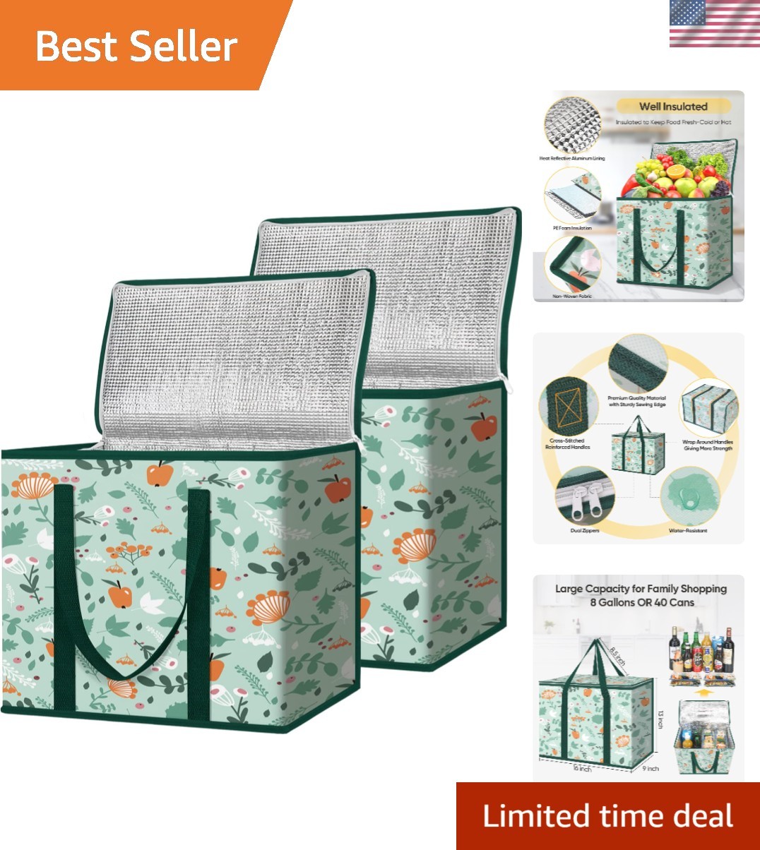 2Pk Water Resistant Grocery Bags, Heavy Duty Collapsible Design for Every Trip