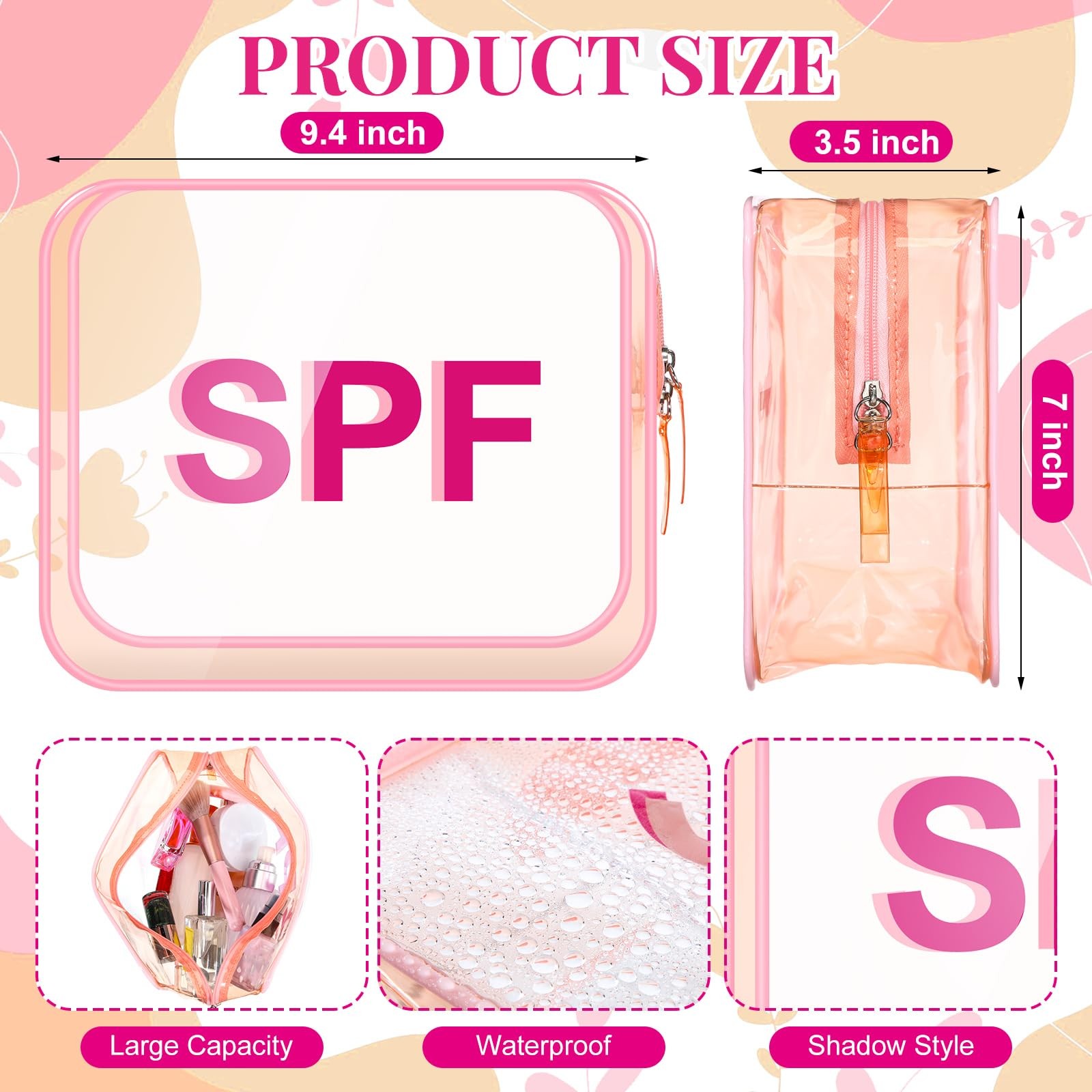 Shinylin Spf Clear Makeup Bag 9.5″ x 7″ x 3.5″ Pink Beach Pouch Large