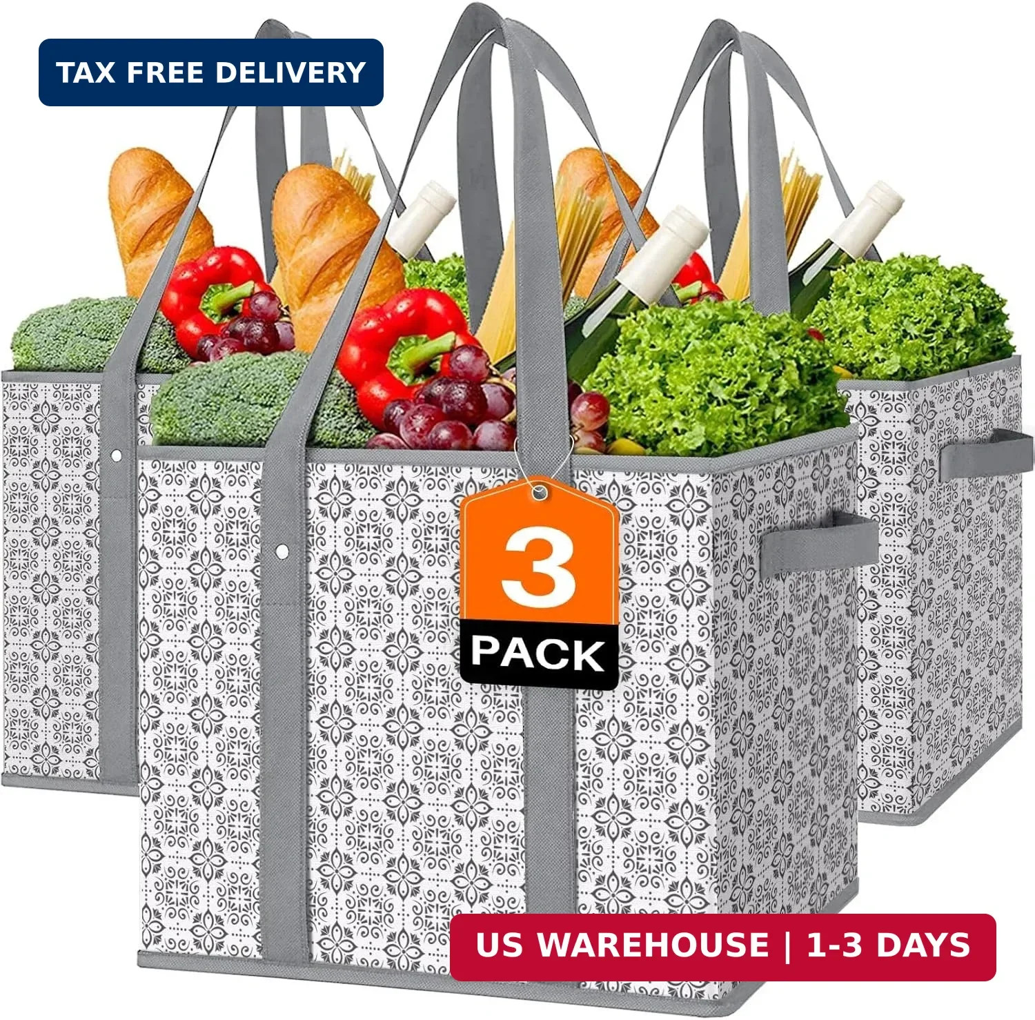 WISELIFE Reusable Grocery Bags [3 Pack],Large Grocery Tote Bag Water Resistant S
