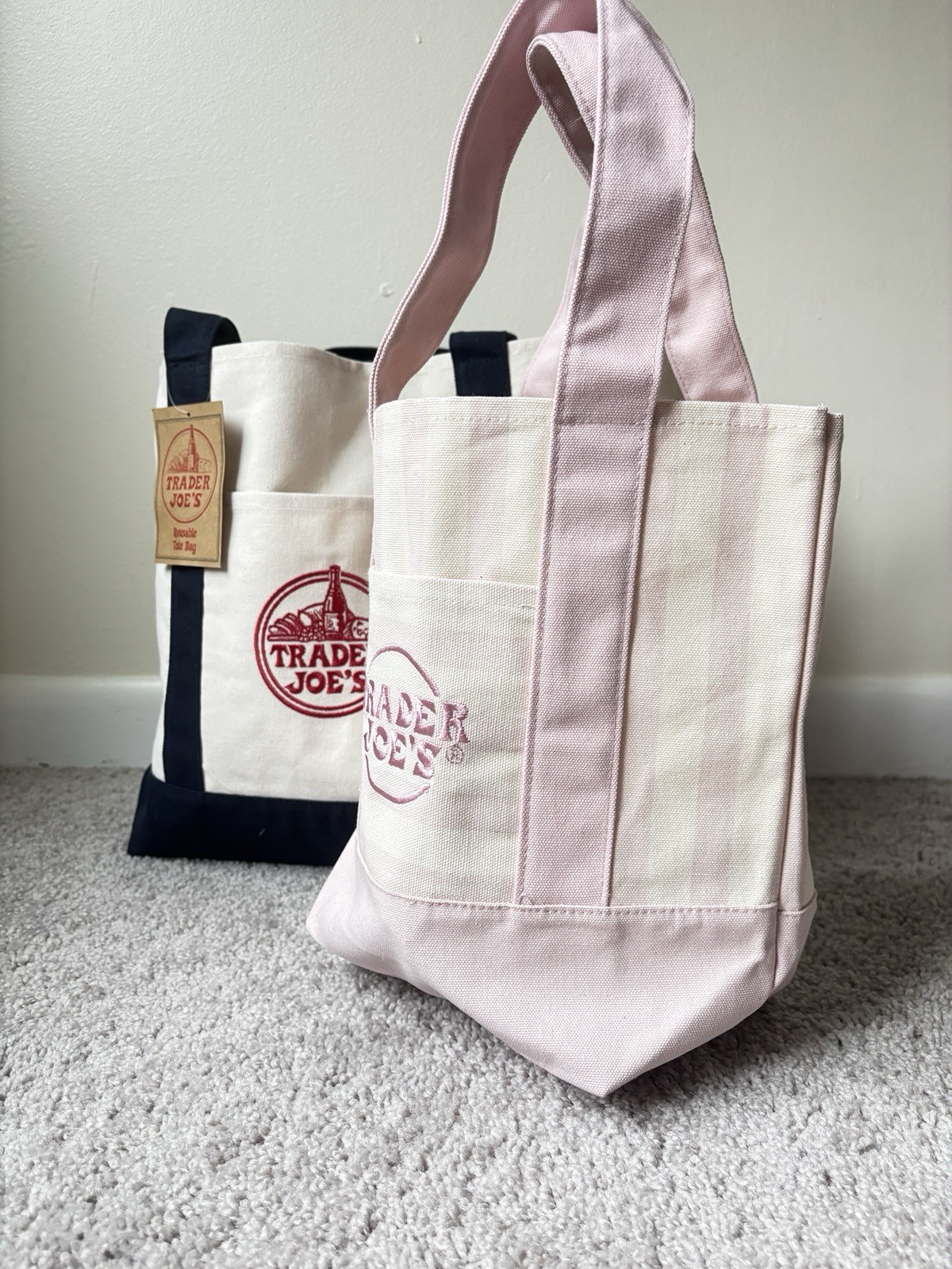 💖 2 Pack Most Sold NEW Trader Joe’s Canvas Navy Blue/Stripe Pink MustHave Tote