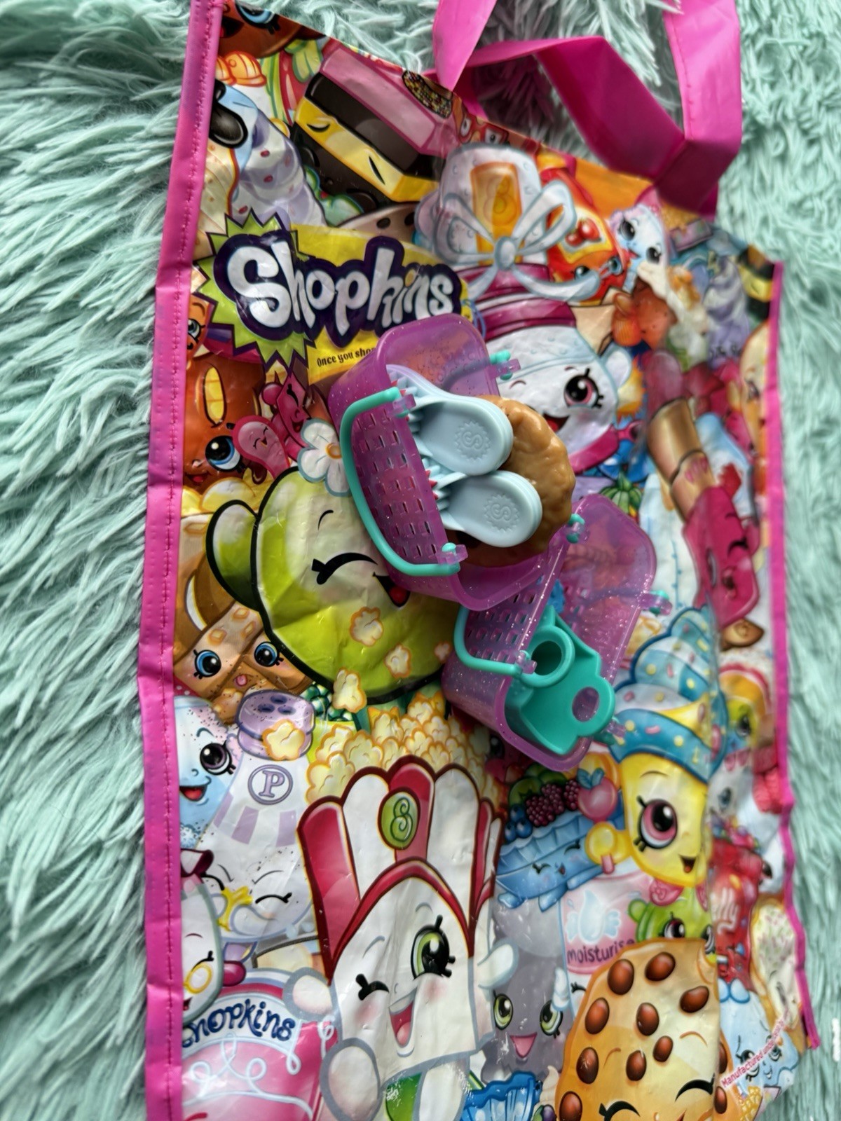 Shopkins Reusable Shopping Tote Bag Multicolor All-Over, Pink Handles 10×12