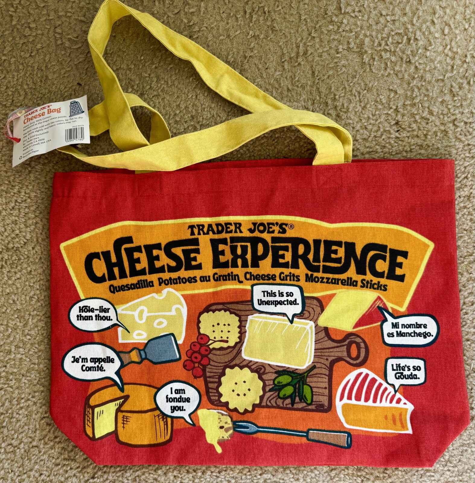 Trader Joe’s CHEESE ADVENTURES Shopping Grocery Tote Bag NWT canvas Washable