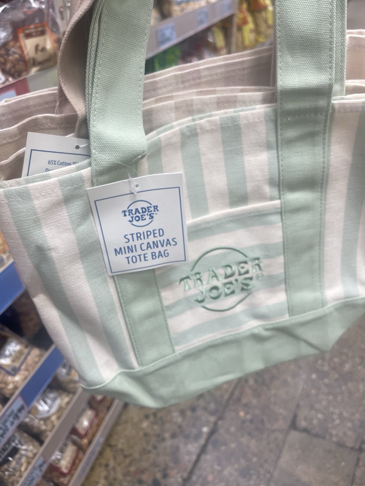 Trader Joe’s Striped Mini Canvas Tote Bag, Green & White, 10.25 x 6.5 x 6.25 in