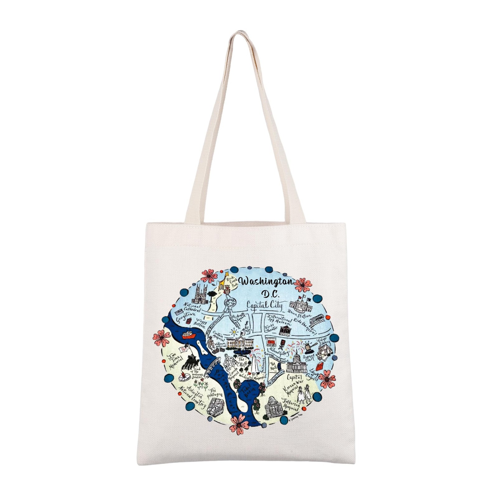 Washington DC Tote Bag Souvenir Gift with Map Reusable Shopping Bag Large