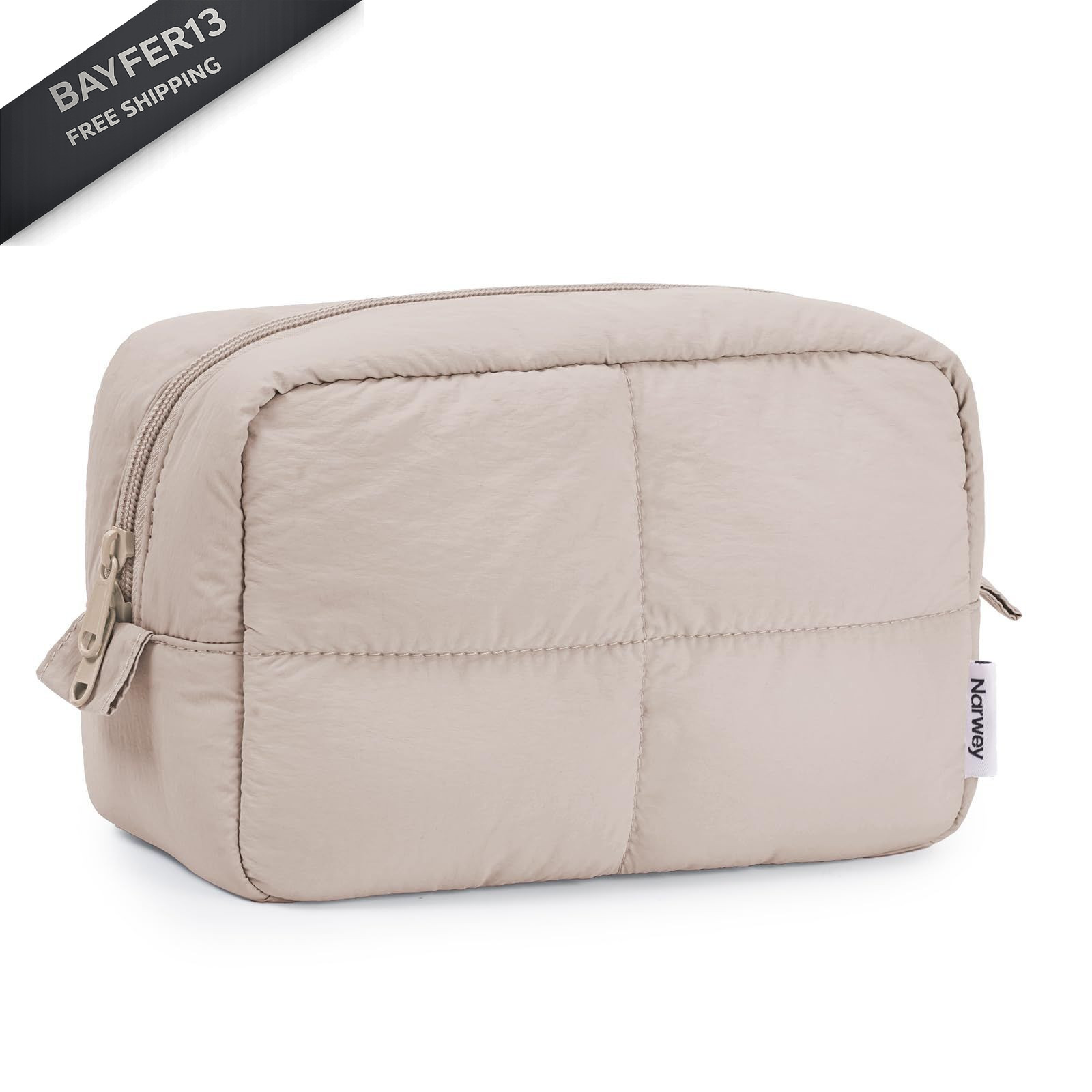 Narwey Quilted Makeup Bag Travel for Women Girl, Cute Cosmetic Bags Khaki