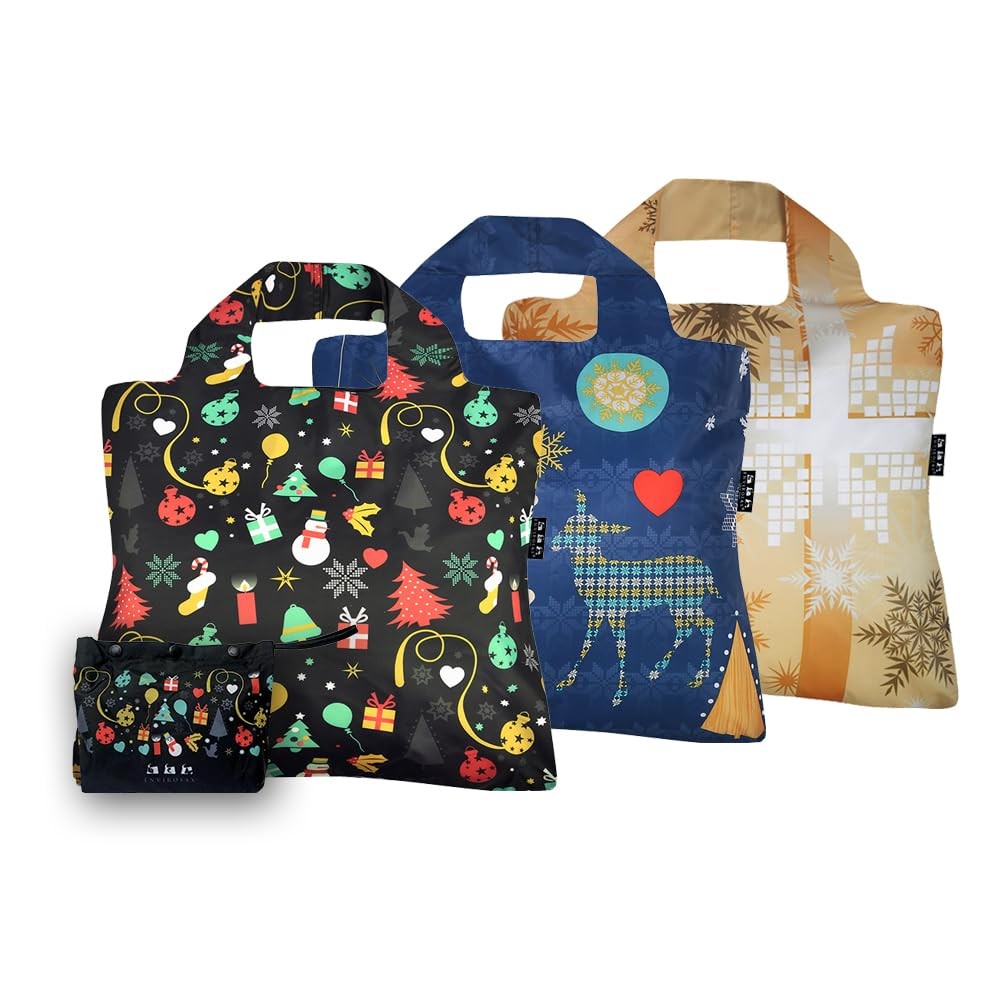 Envirosx Reusable Bags Full Pouch Foldable Shopping Bags Set of 3 Winter Desi…