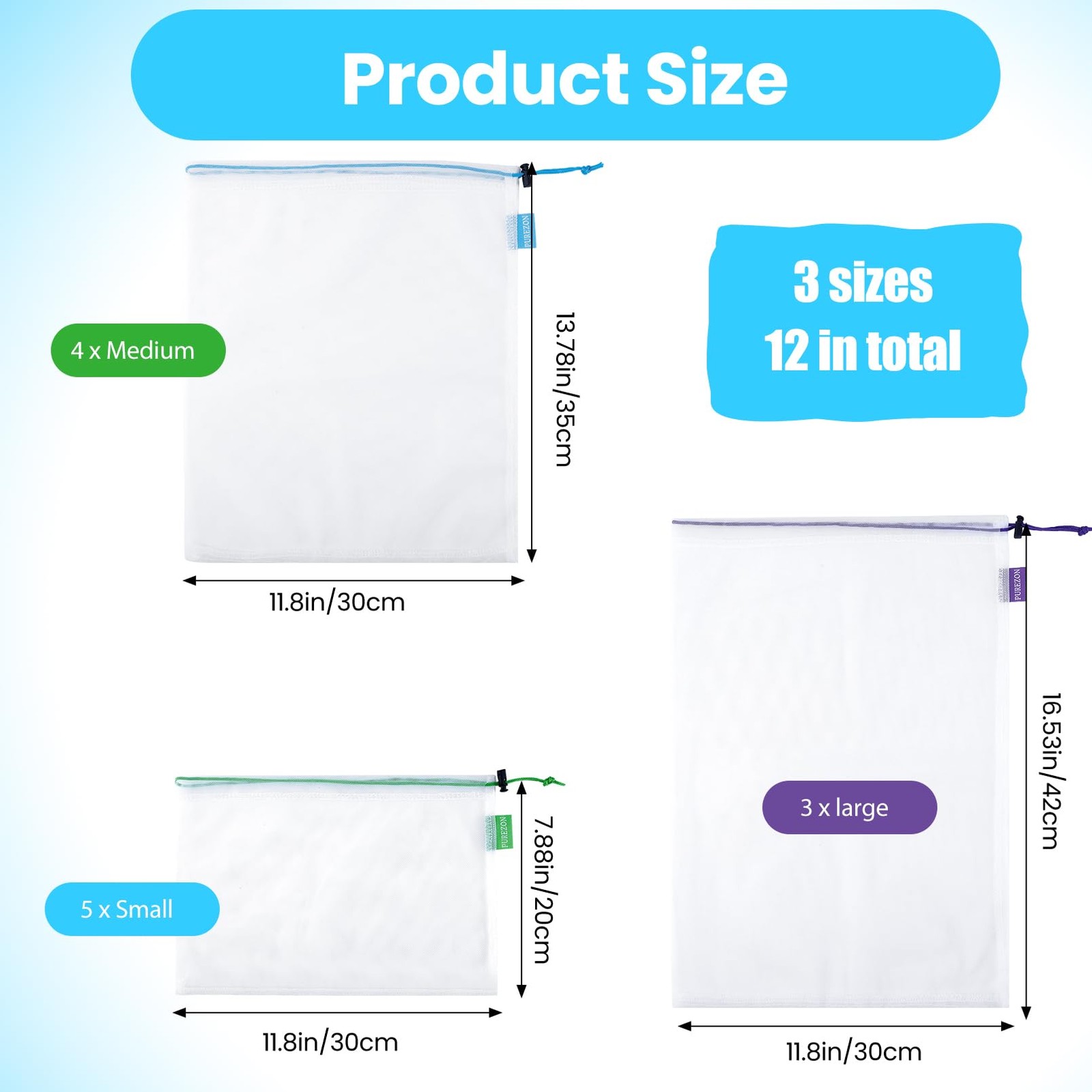 12 Pack Reusable Produce Bags, Heavy Duty Washable Mesh Grocery Bags with Dra…