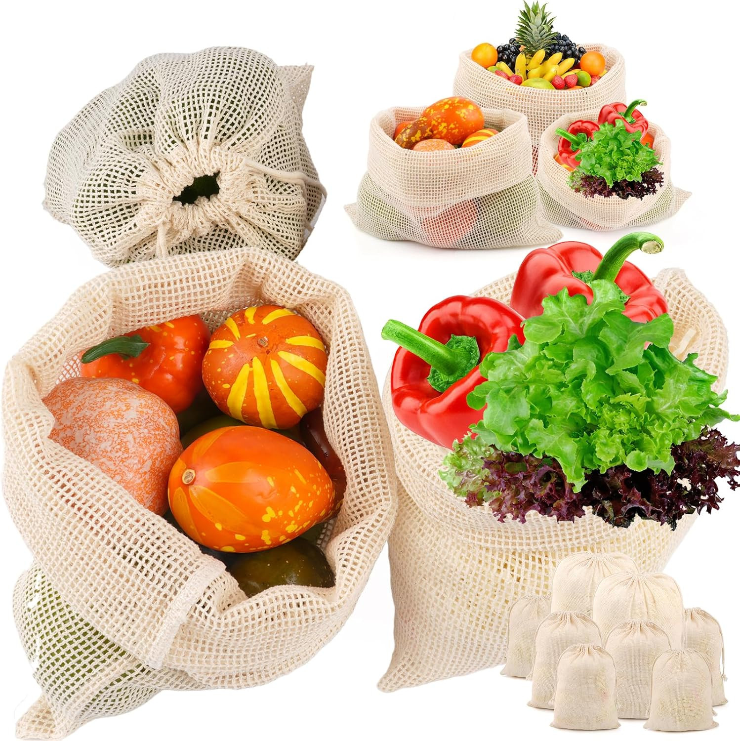 Reusable Cotton Mesh Produce Bags – 8 Pack for Groceries and Storage