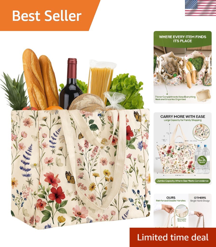 Durable Canvas Shopping Tote – Vintage Flower Design with 2 Comfortable Straps