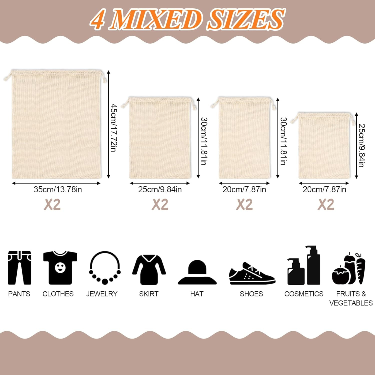 8 Pack Reusable Produce Bags Grocery Washable, Cotton Mesh Vegetable Bags for Re