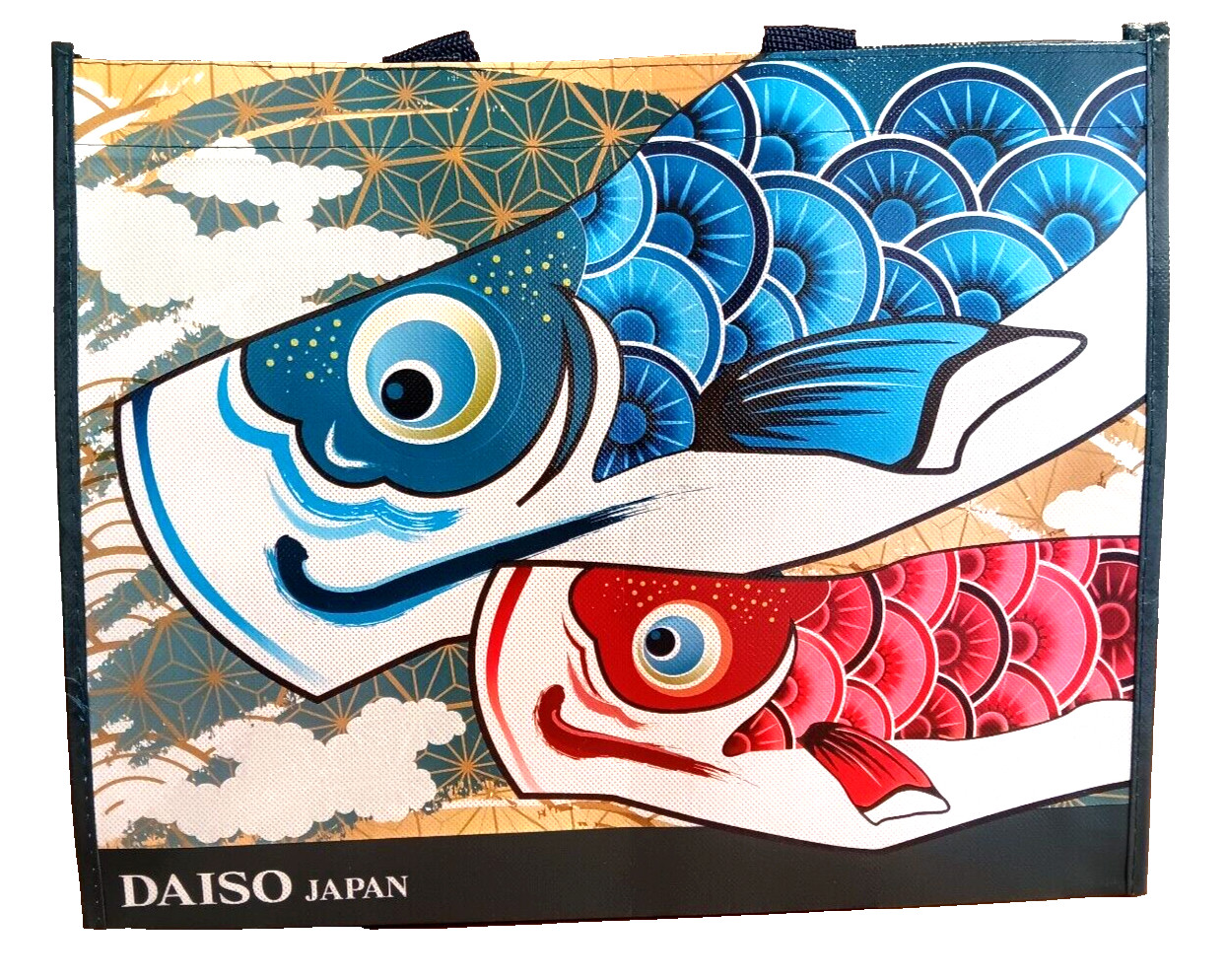 Daiso Japan Blue Red Koi Fish Shopping Bag Tote 15×12 inches Reusable