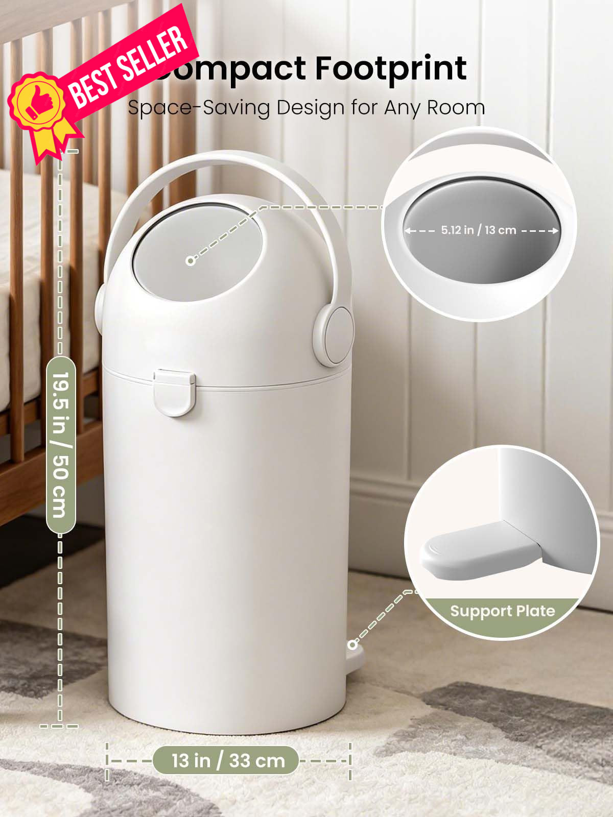 Grownsy Baby Diaper Pail, Odor-Locking Roll-Top Design, No Special Bag White