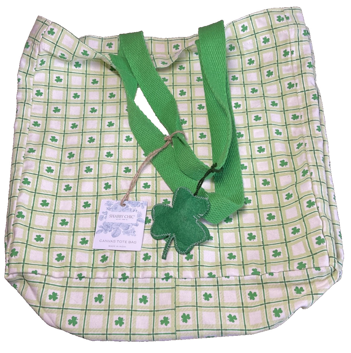 SHABBY CHIC Tote Bag FABRIC SHAMROCKS GREEN WHITE 15 x 15.5 x 6 INCH NWT