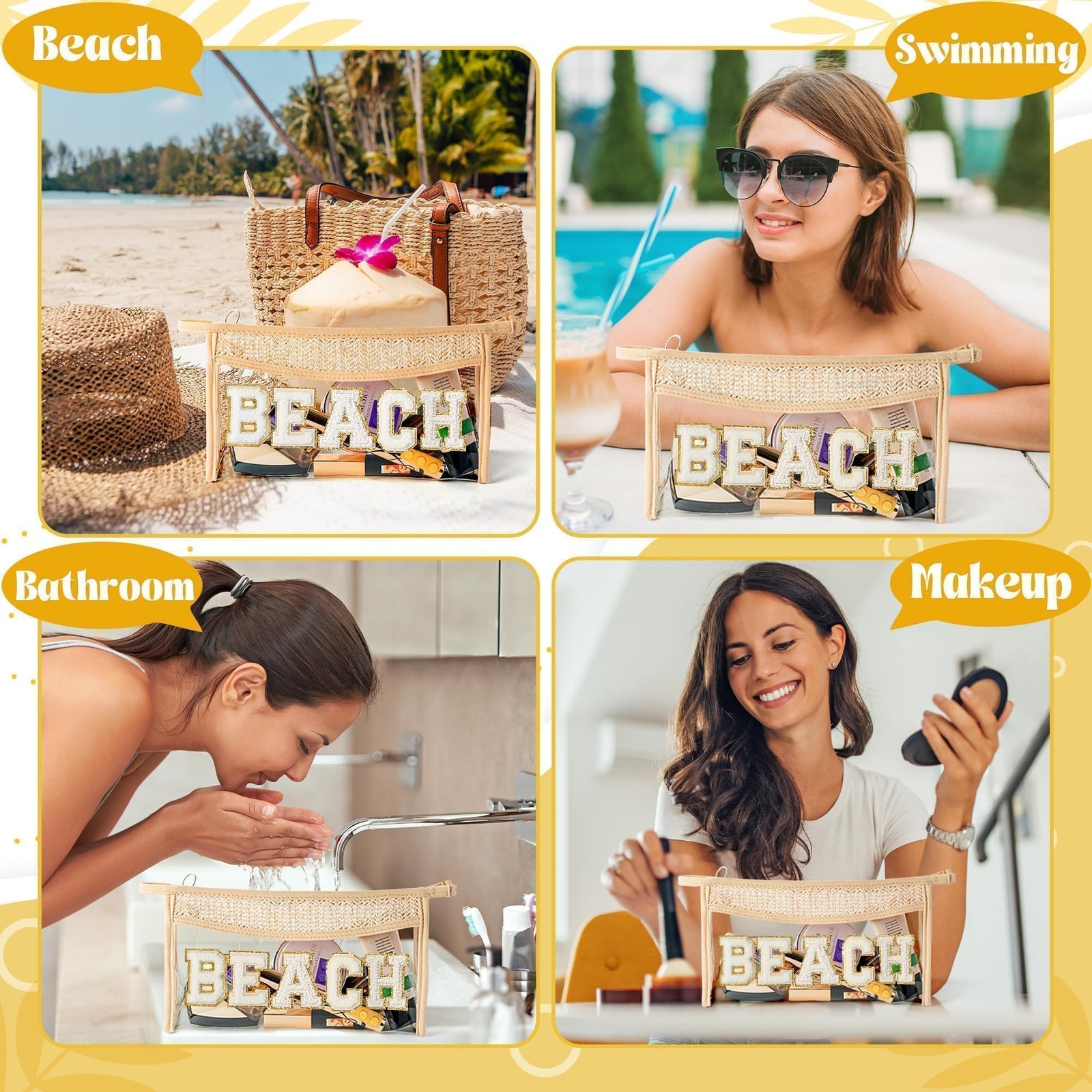 Belanttega Boho Patch Beach Cosmetic Bag – Summer BEACH Chenille BEIGE