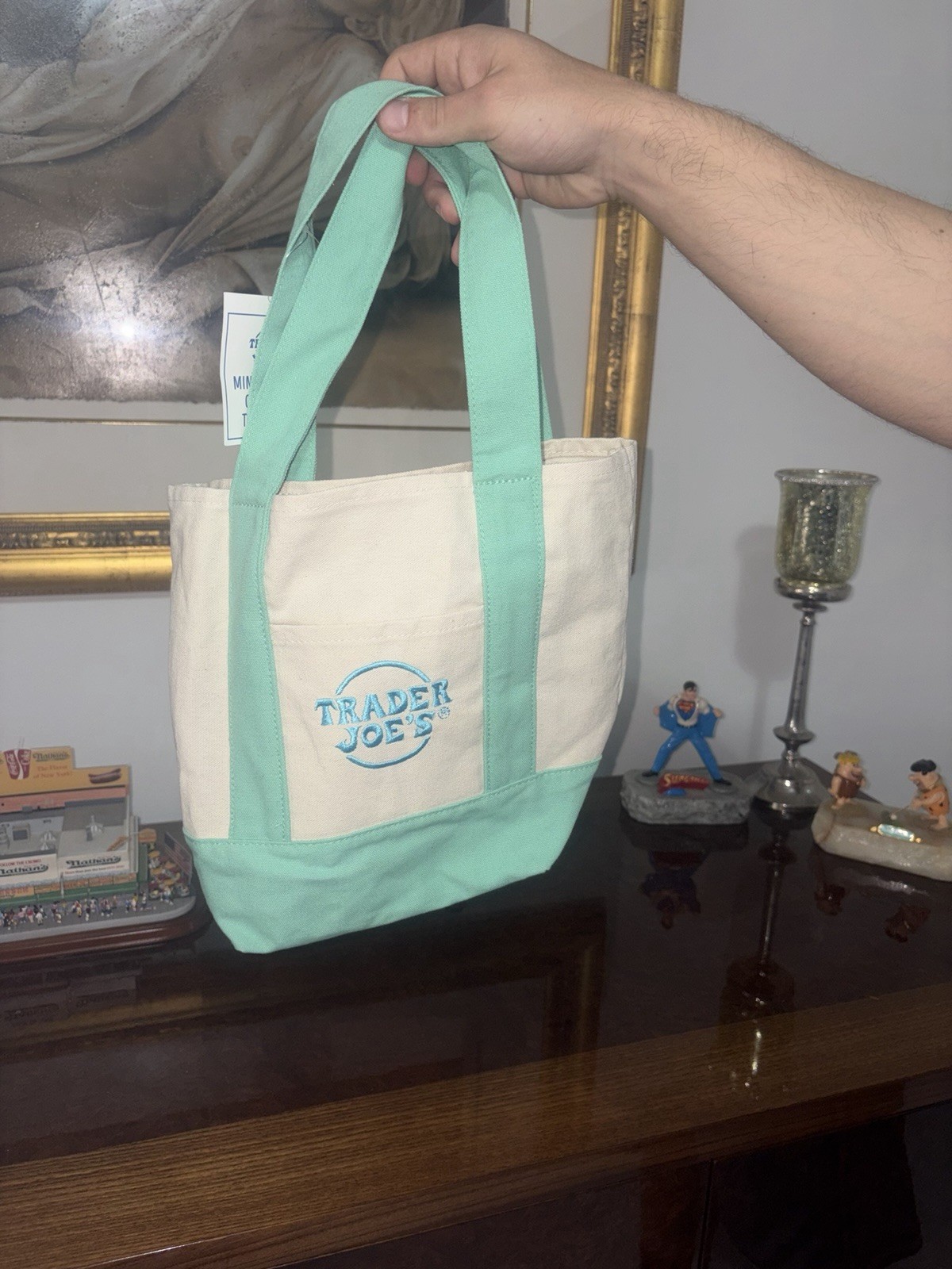 Trader Joe’s Mini Pastel Canvas Tote Bag Multicolor 13x6x11 pink blue green