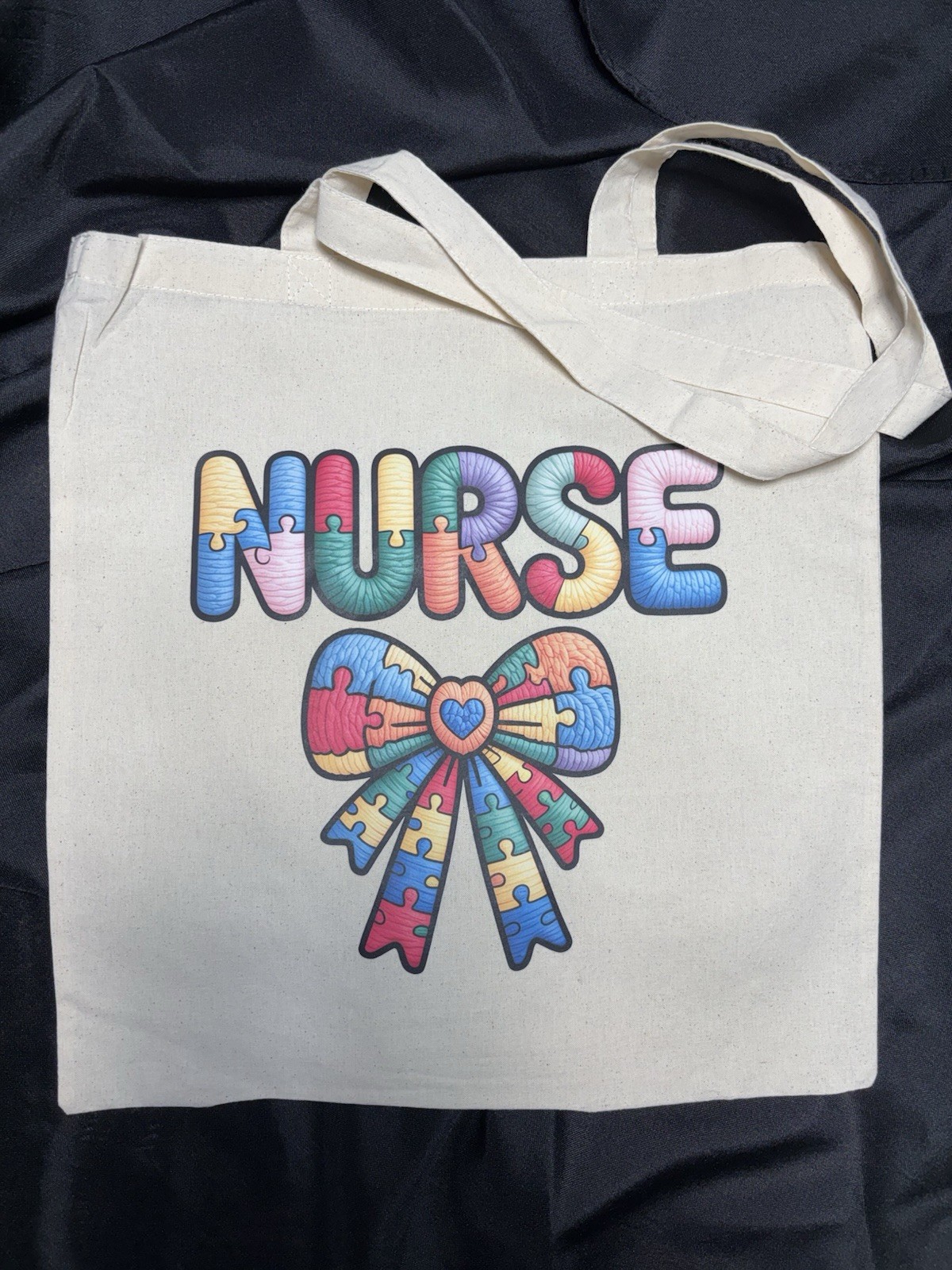 Large Canvas Tote Bag, Foldable, Puzzle Pattern, Beige Multicolor, 15x15x3 in
