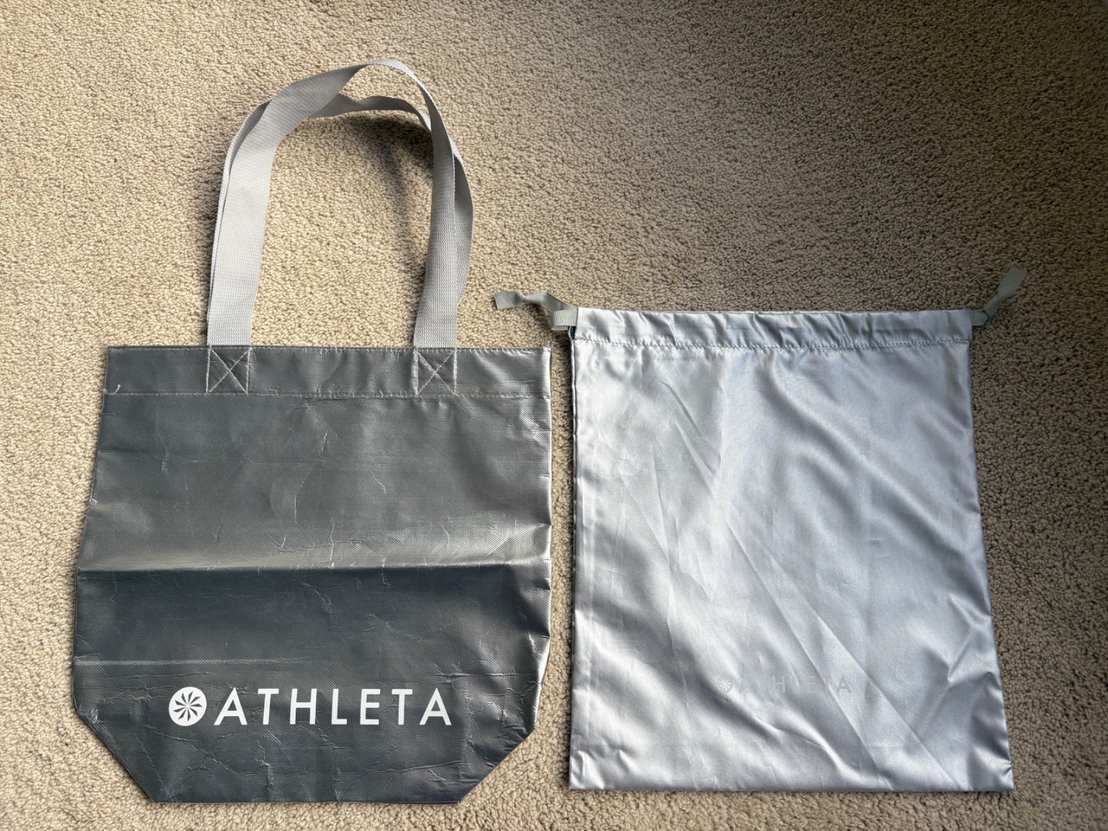 Two Athleta Tote/Drawstring Bags Reusable Grocery Bag Silver Lunch Gym