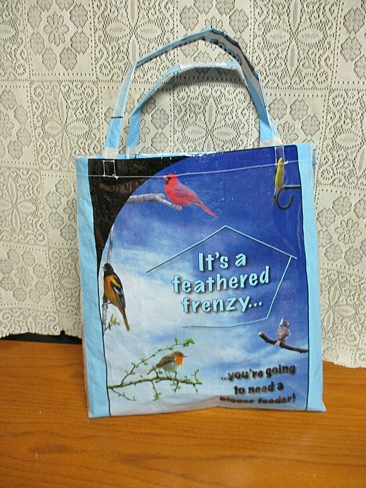 UPCYCLE It’s a Feathered Frenzy -Bird Seed Blue Recycled Feed Bag Grocery Tote