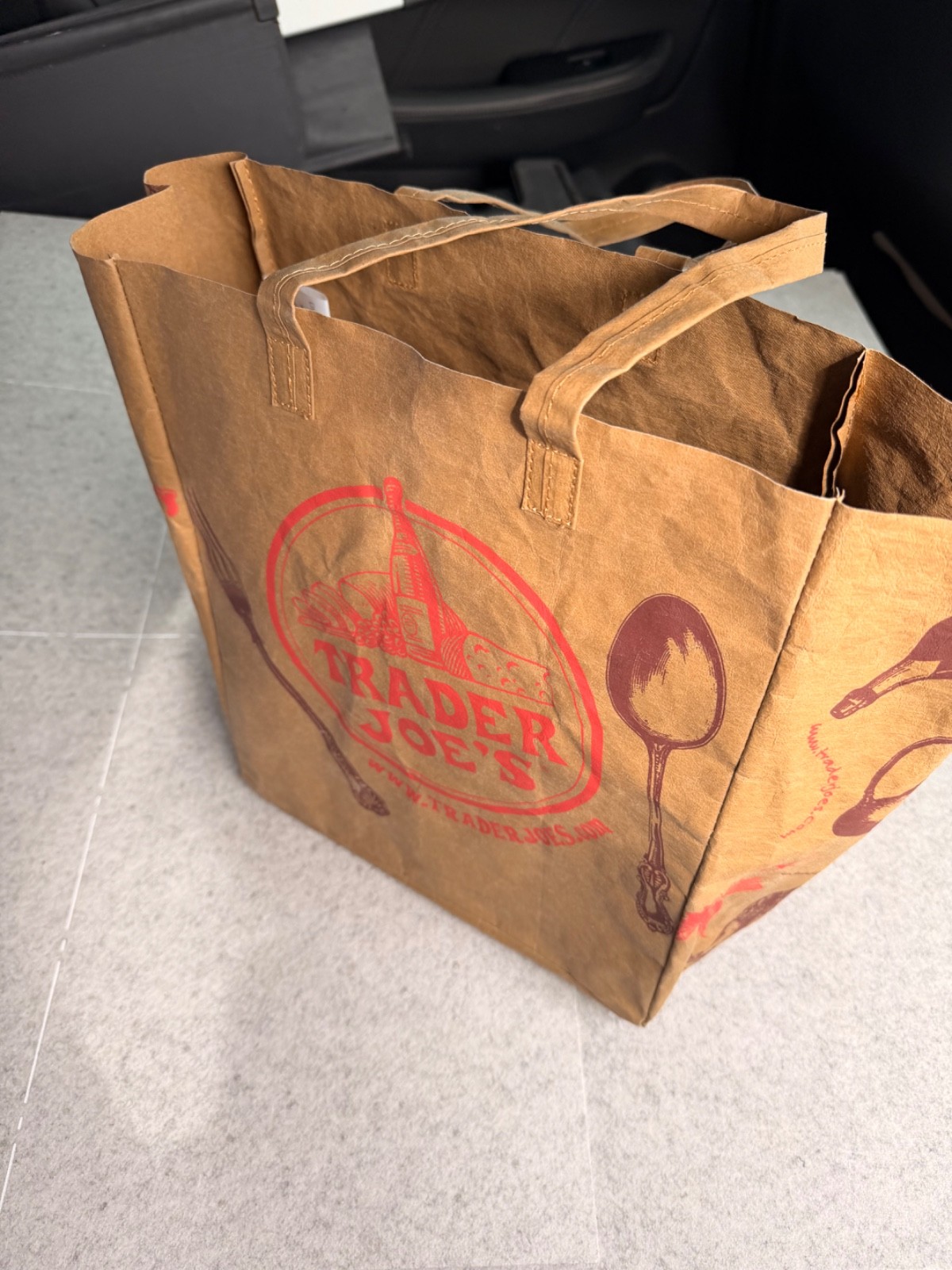 Trader Joe’s Washable Reusable Paper Shopping Bag Brown All-Over Pattern