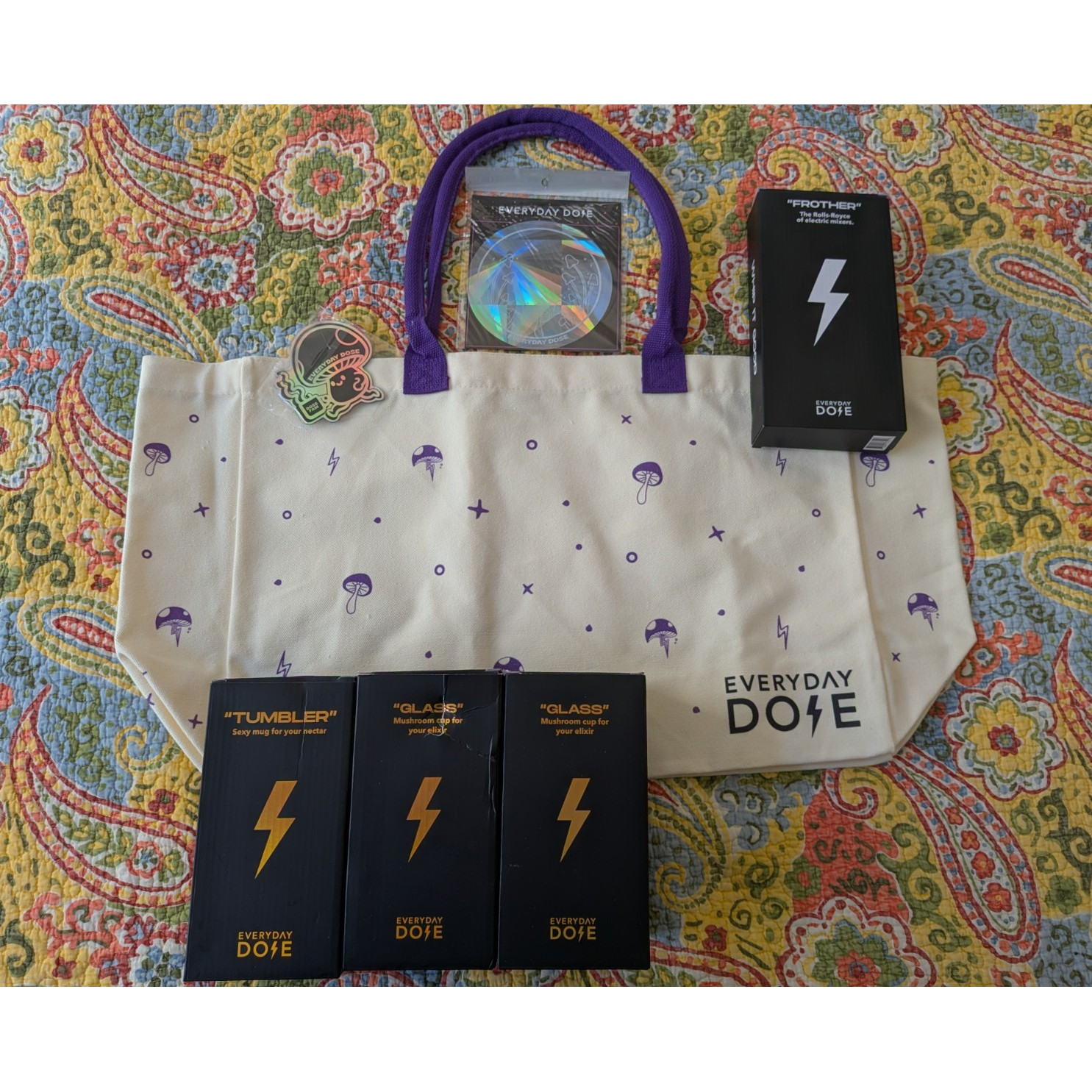 New Everyday Dose mushroom coffee Tote Bag, frother, tumbler, two glasses, etc.