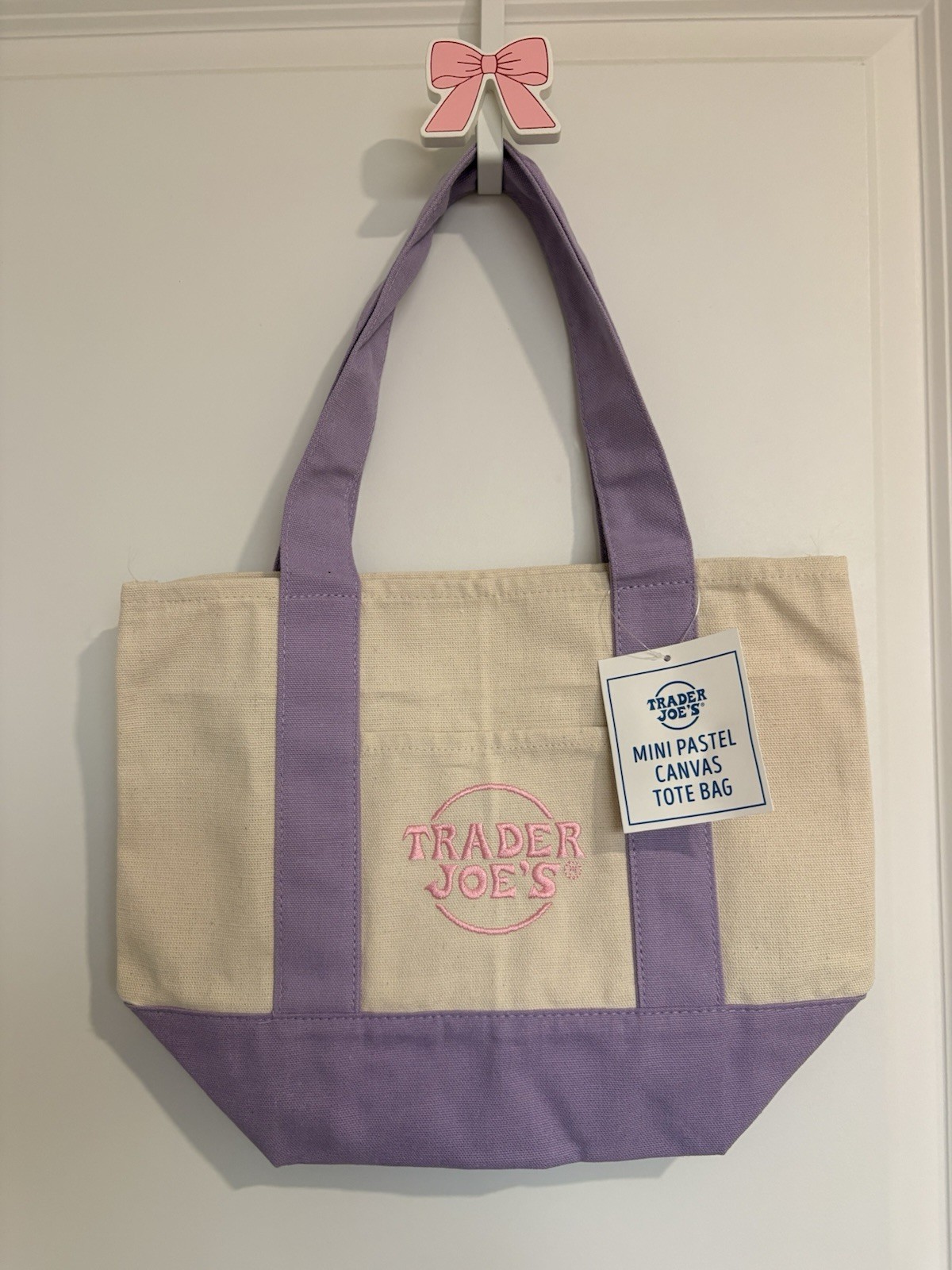 Trader Joe’s Mini Foldable Canvas Tote Purple Beige Color Block