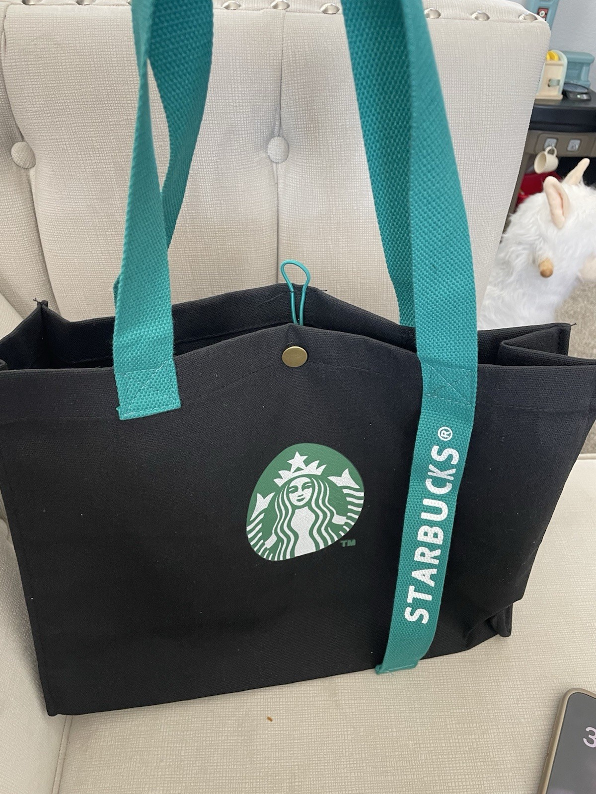 Starbucks Reusable Tote Shopping Bag Black Green Straps Logo 18×12 in 15 cm