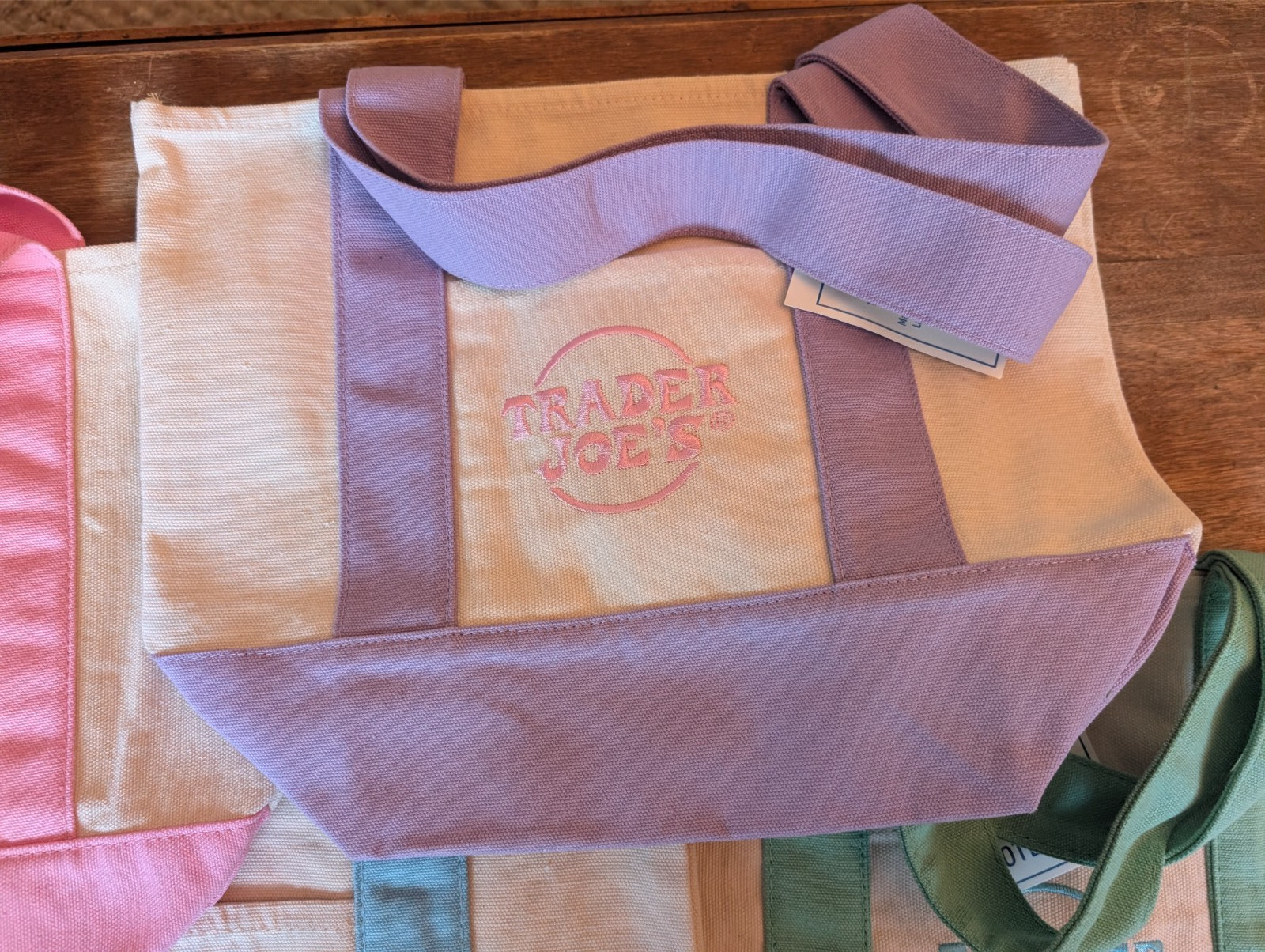 4 TRADER JOE’S Limited Pastel Canvas Tote Bag Pink, Purple, Blue, Green