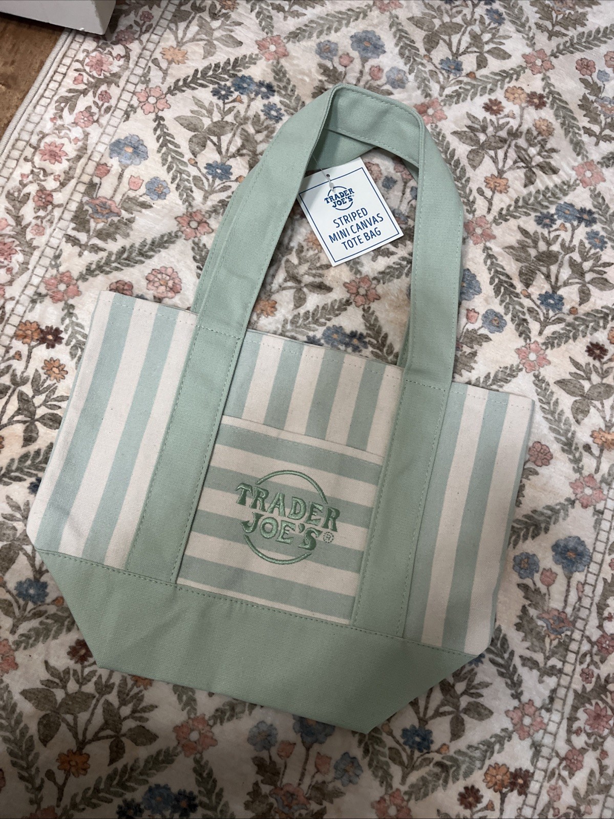 Trader Joe’s Striped Mini Canvas Tote Bag Green/Beige 13x11x6