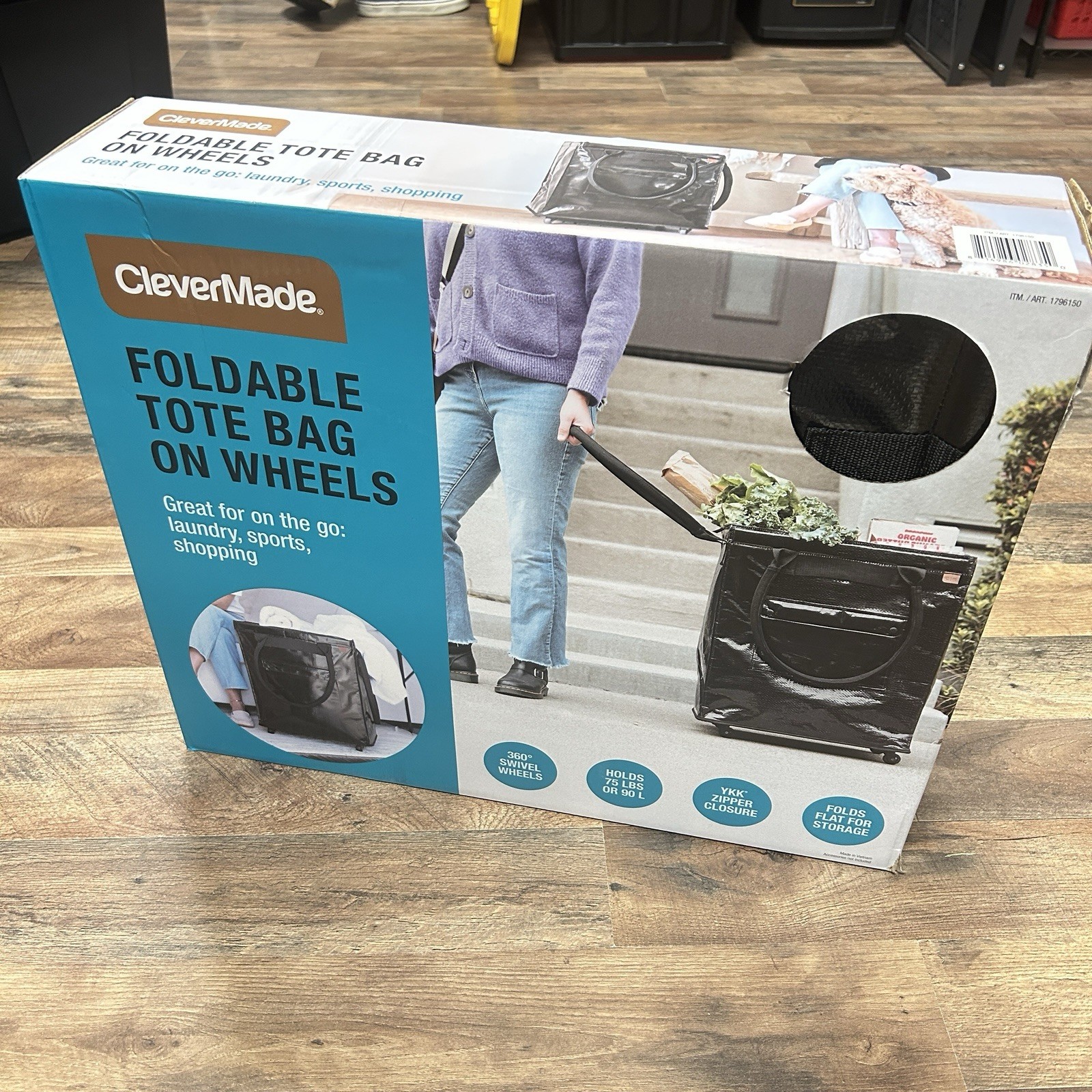 CleverMade Foldable Tote Bag on Wheels Soft Grip BLACK Capacity: 90L & 75 lbs.