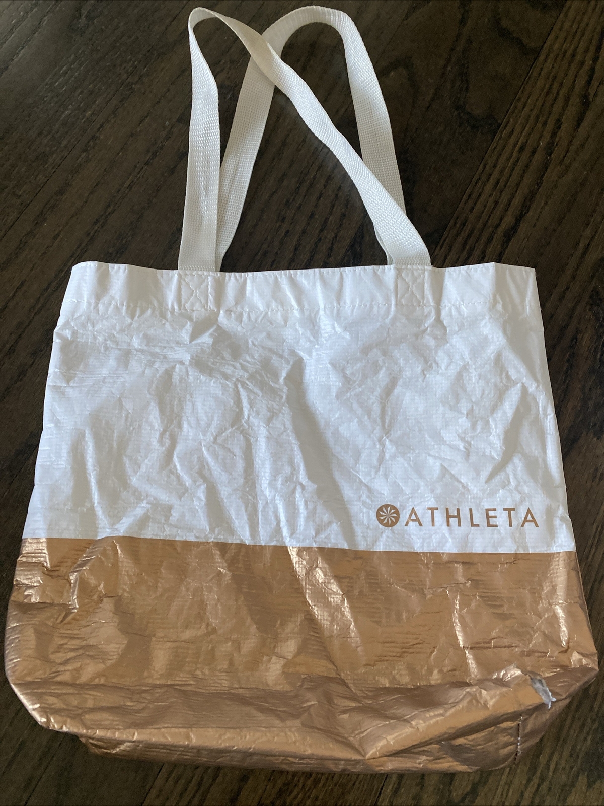 Athleta Reusable Shopping Bag Metallic Gold/ White 10/4/12”