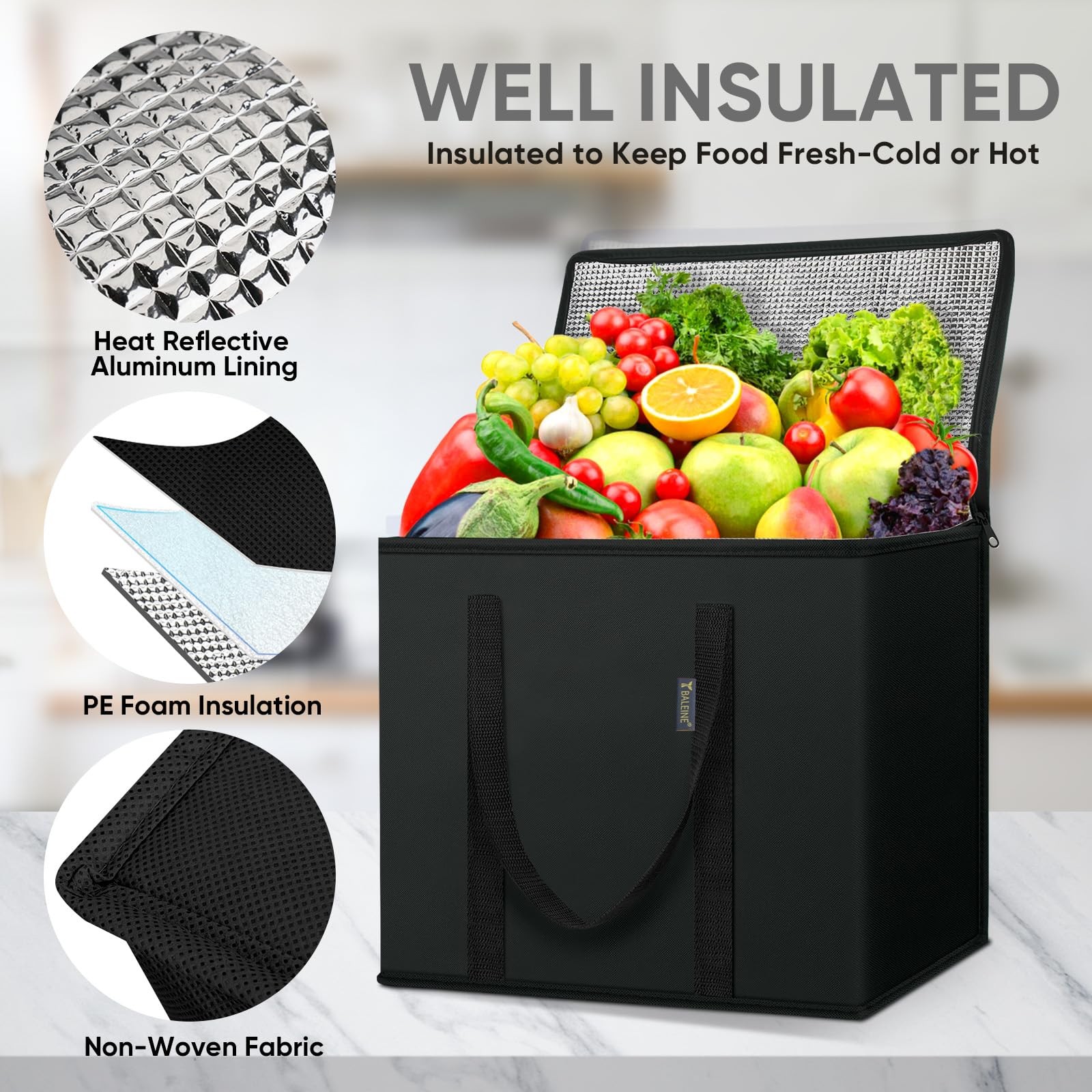 BALEINE 2Pk Insulated Reusable Grocery Bags, 2 Pack, Charcoal Black