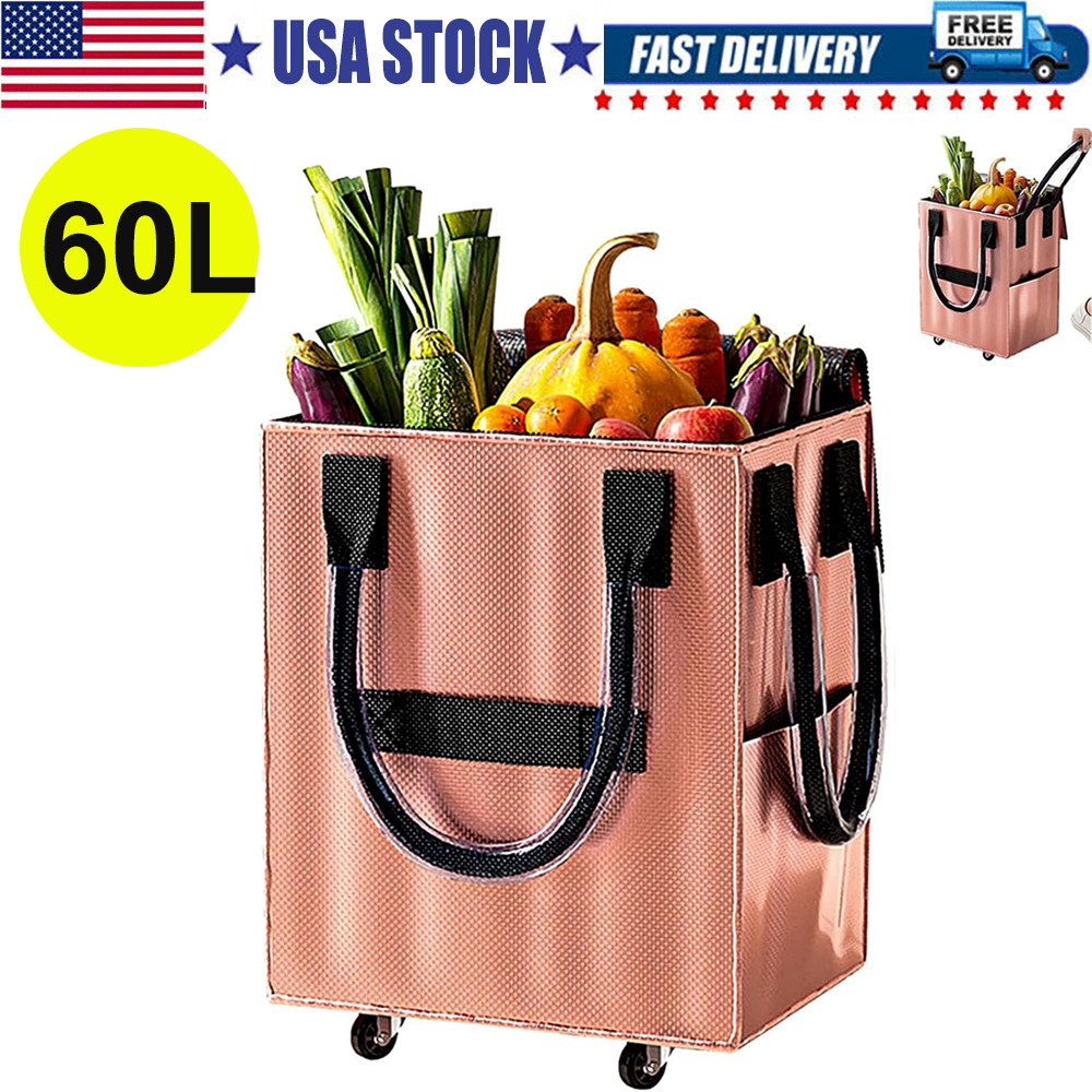 60L Reusable Grocery Bag on Wheels Heavy Duty Rolling Shopping Tote with Handle