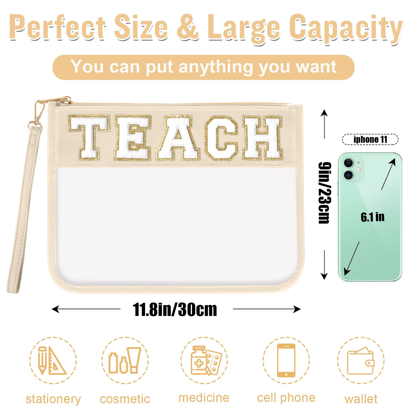 Teacher Appreciation Gifts TEACH Chenille Letter Clear Makeup TEACH, Beige