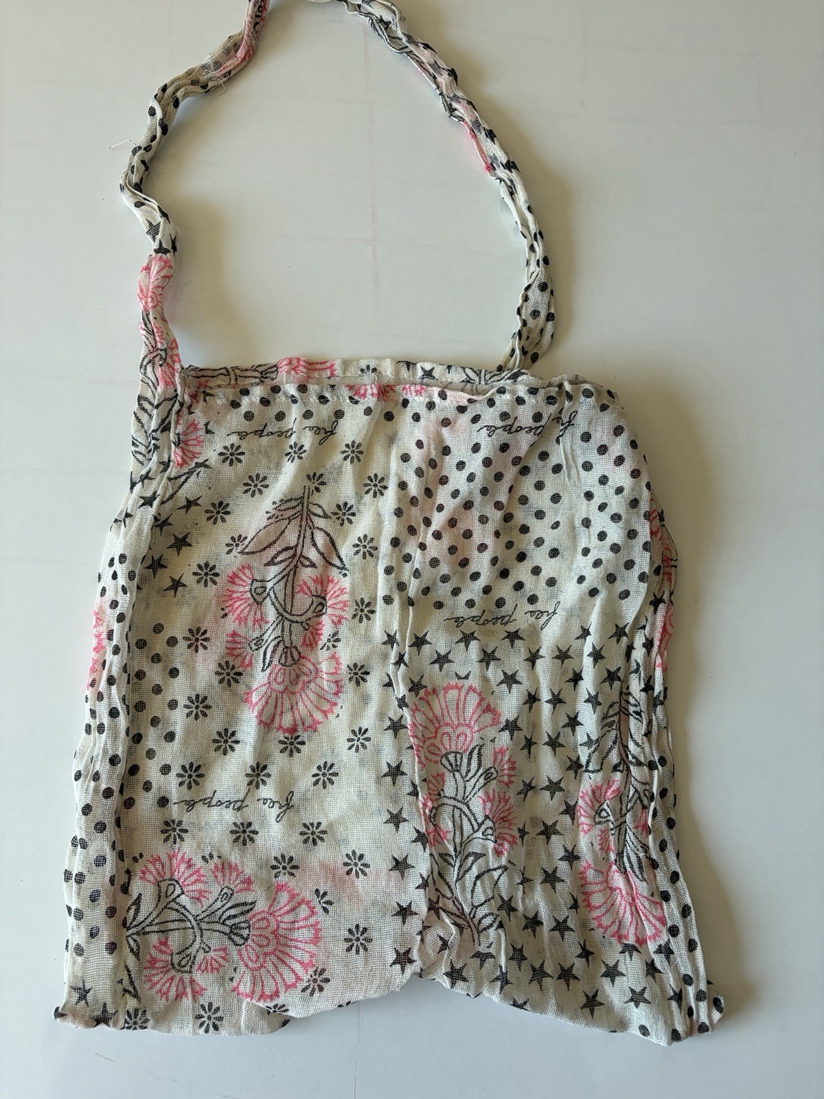 Free People Floral Boho Reusable Shopping Crossbody Tote Bag Muslin Beige Pink