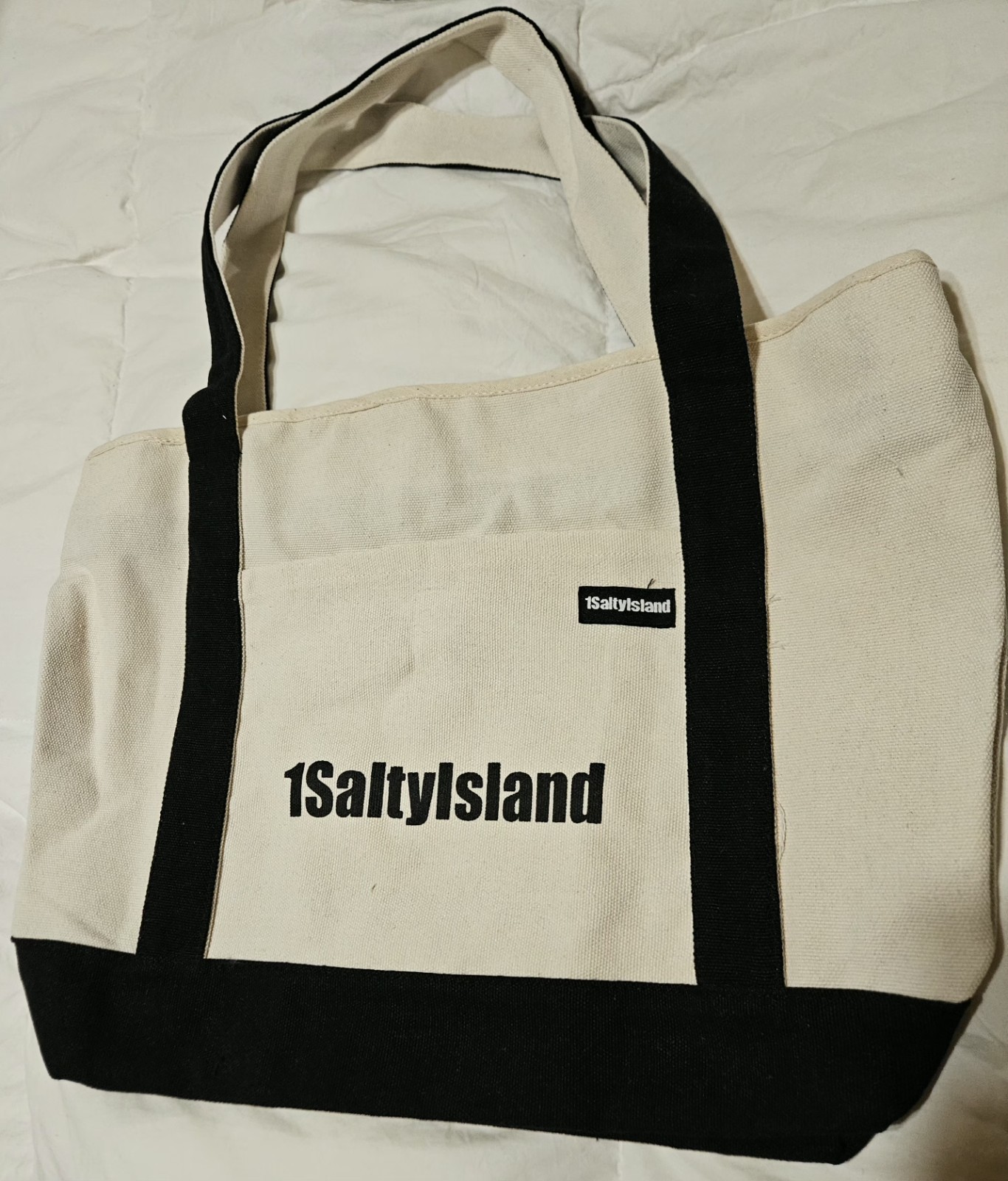 1SaltyIsland Logo Tote Bag Beige/Black 16x15x6 in Reusable Shopping
