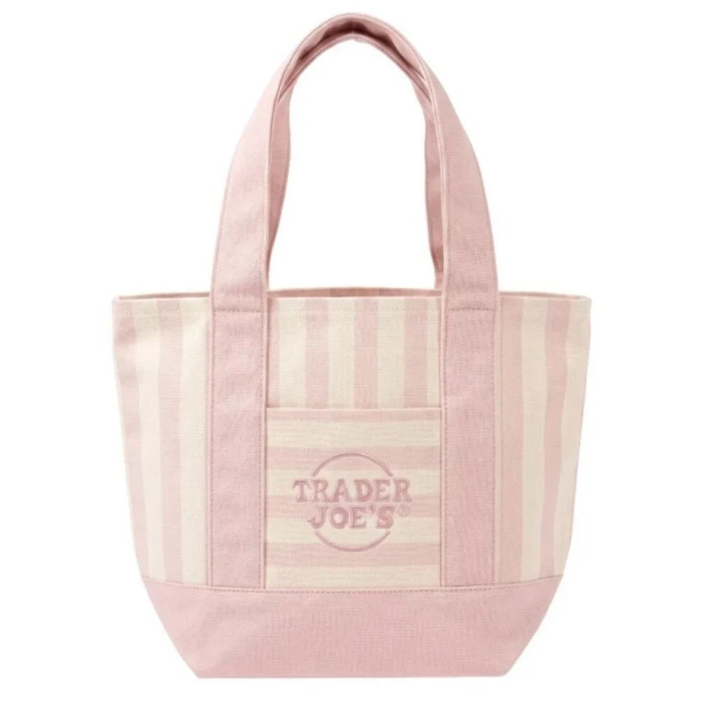 NEW Trader Joe’s Striped Mini Canvas Tote Bag Reusable Pink/White Stripe