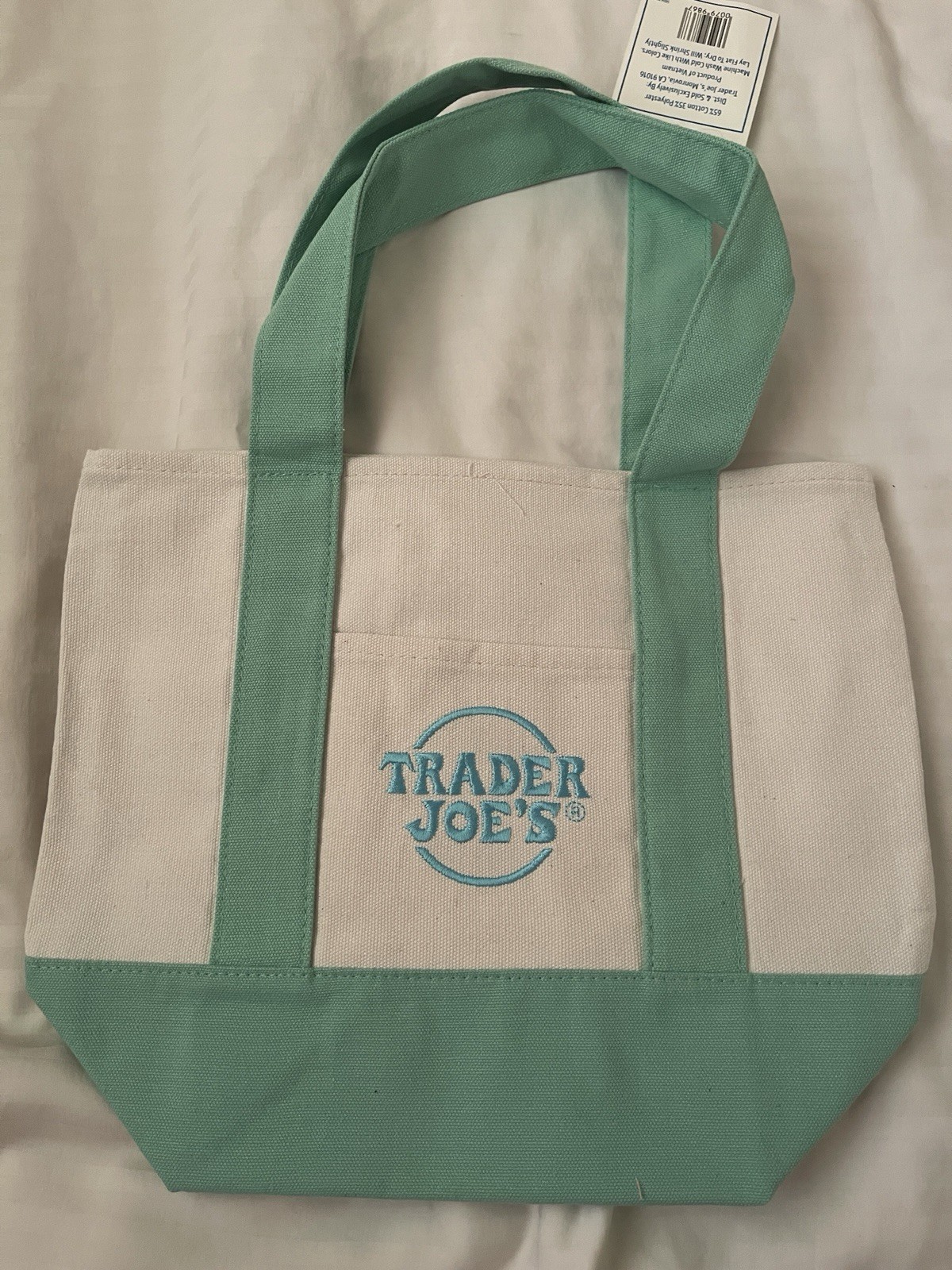 Trader Joe’s Foldable Canvas Tote Bag Beige Green Reusable Shopping Solid Plain