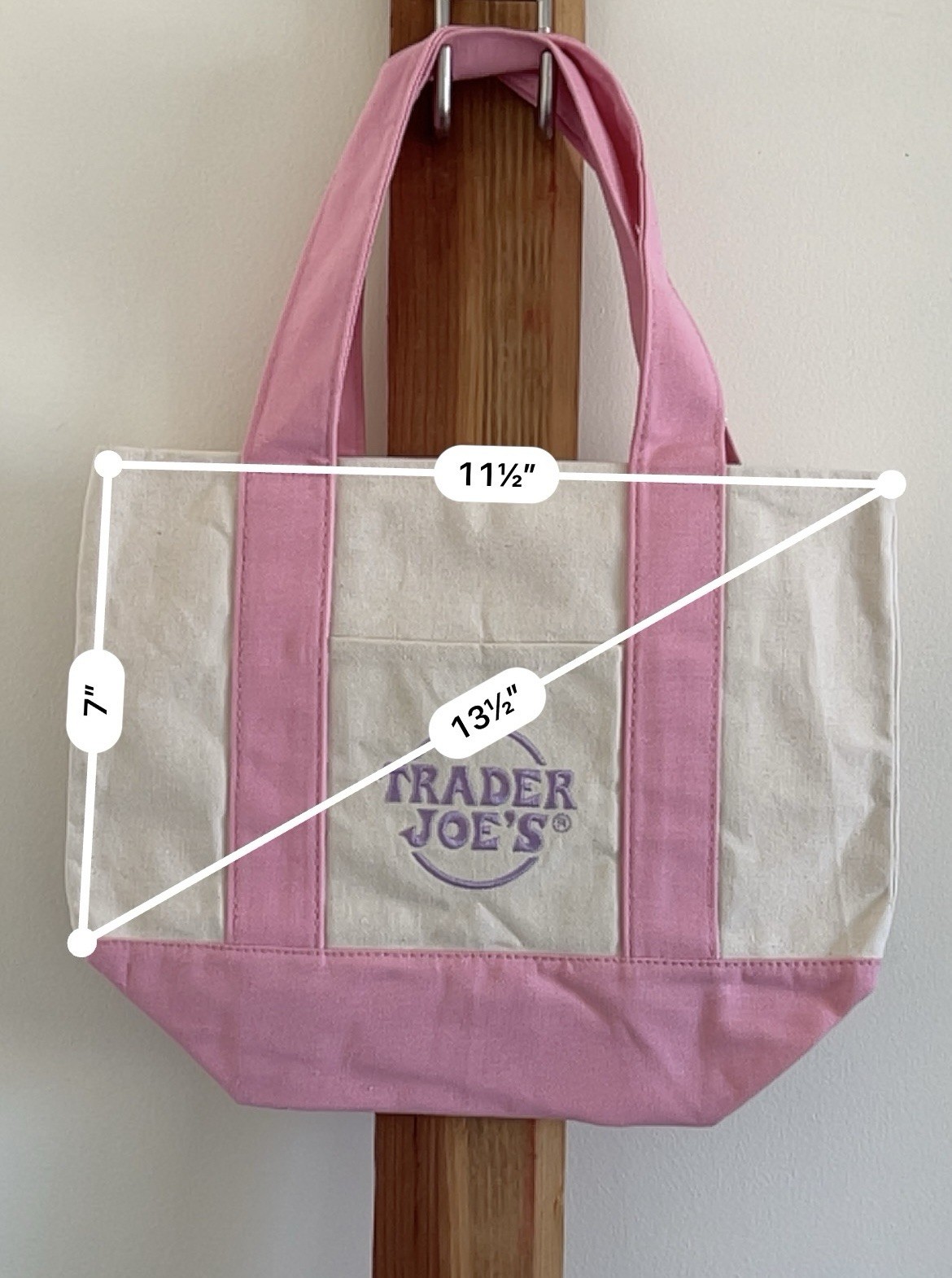 Trader Joe’s Foldable Reusable Tote Bag Pink Beige Canvas Solid 11.5x7x13.5 in