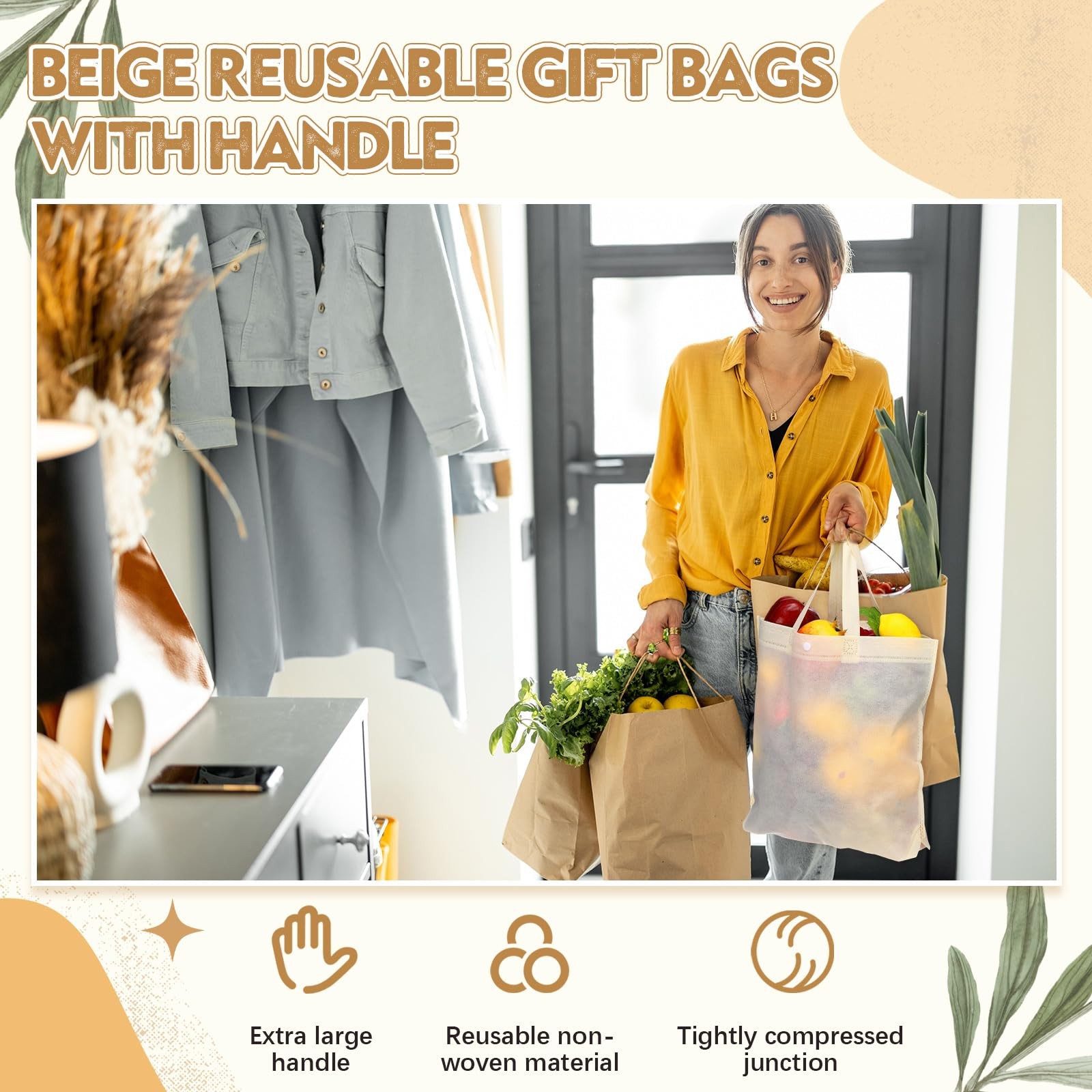 100 PCS Reusable Grocery Bags, Bulk Non Woven, Portable Foldable Tote, Button