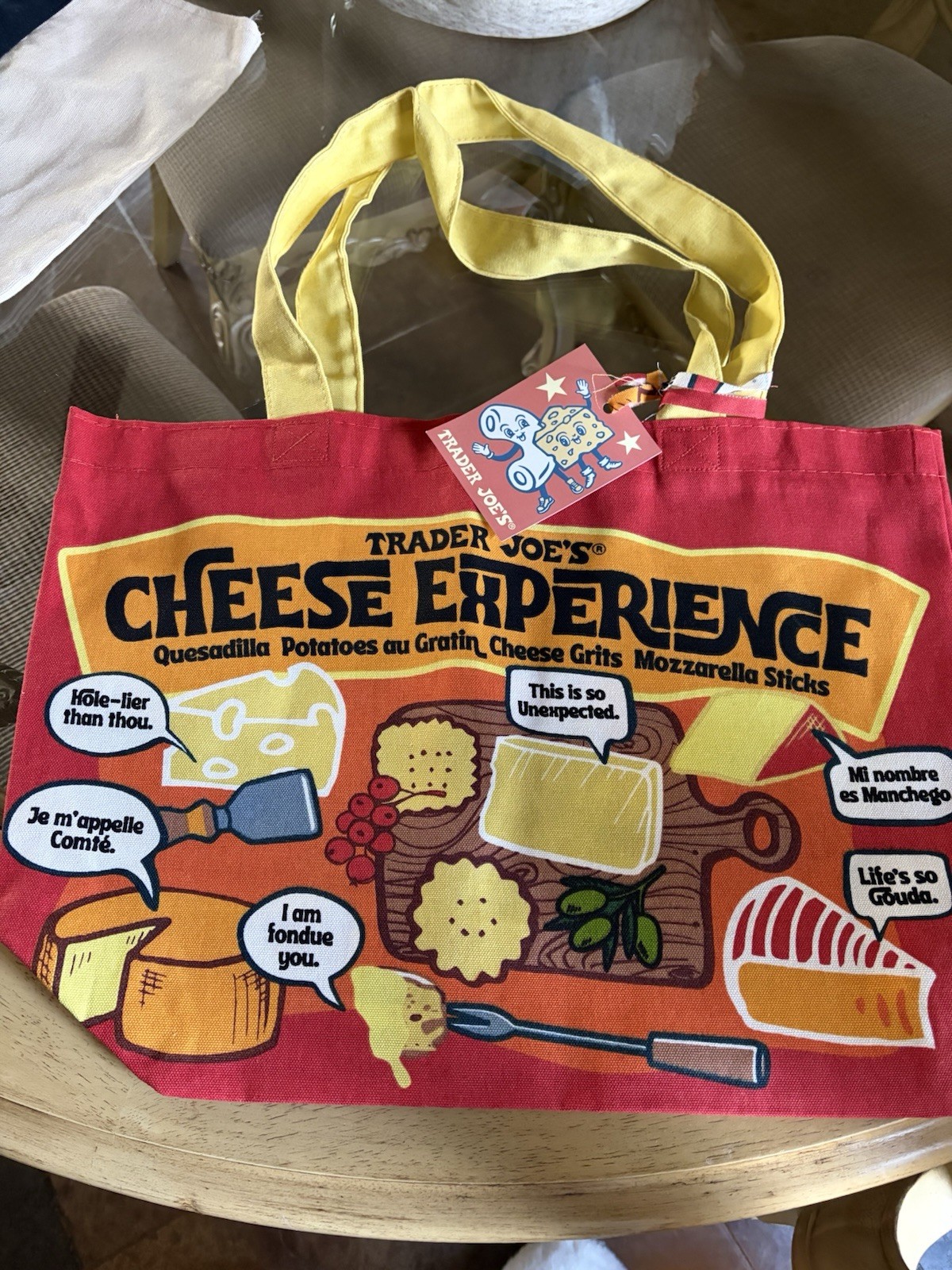 Trader Joe’s Cheese Experience Foldable Canvas Reusable Shopping Bag Yellow Red