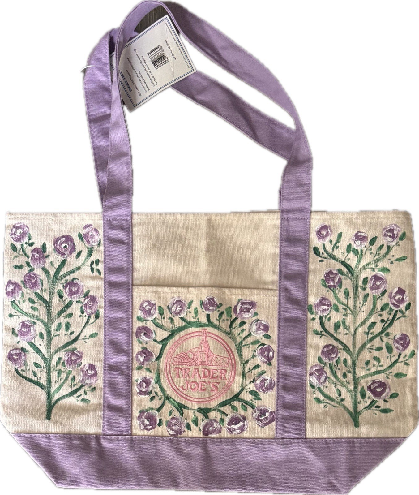 Trader Joe’s Reusable Canvas Tote Bag Floral Purple Beige 20x14x6 in
