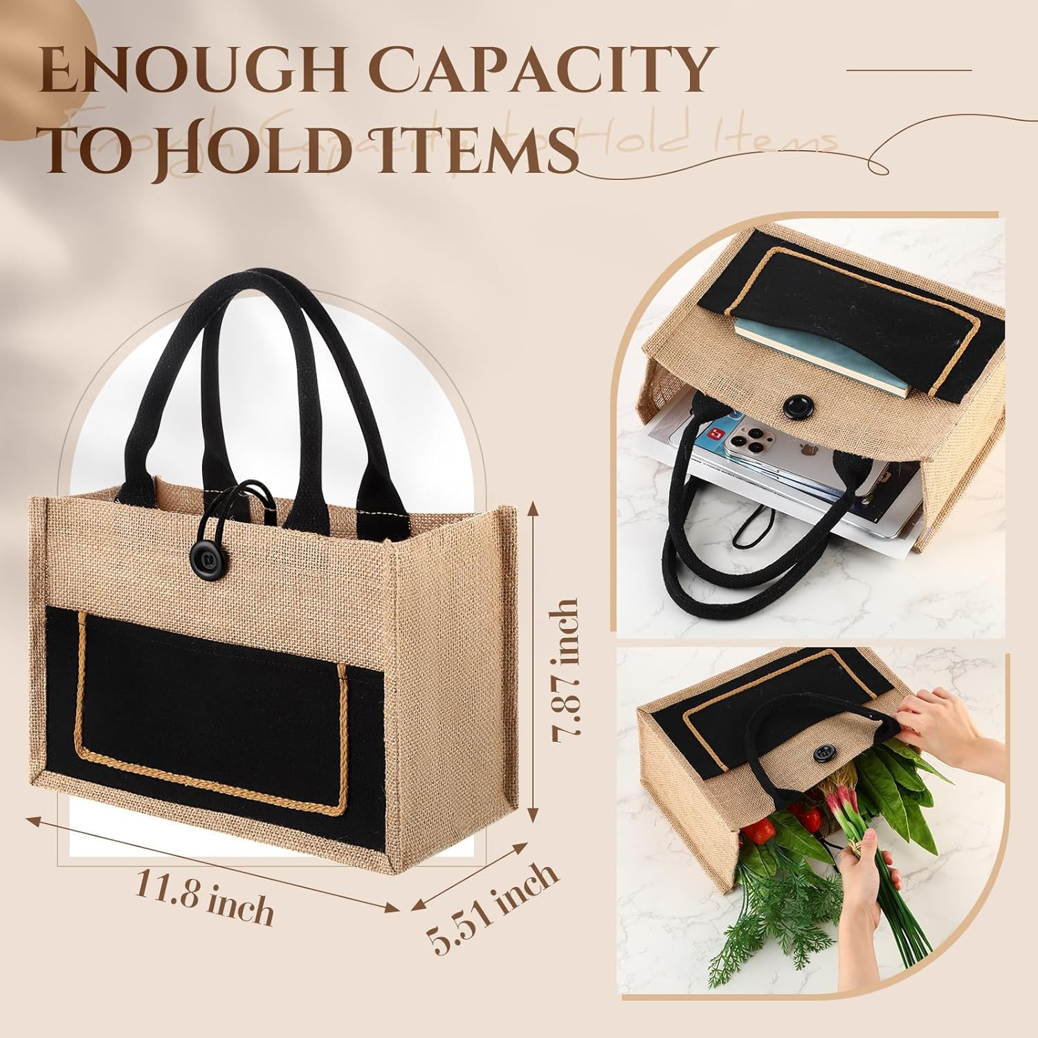 16 Pcs Jute Burlap Totes Jute Tote Bags Reusable Burlap Beach Bags with Handle f
