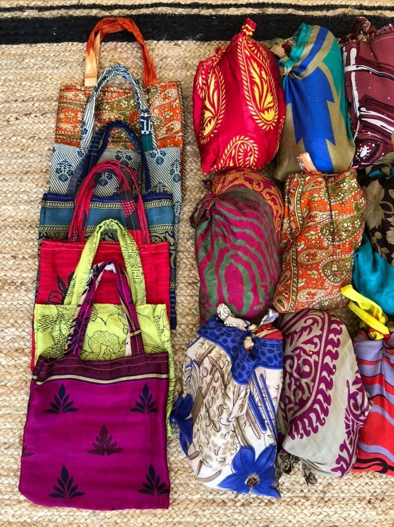 100 Pcs Lot Of Upcycled Silk Sari Shopping Bags Reusable Carry Bags Tote bags