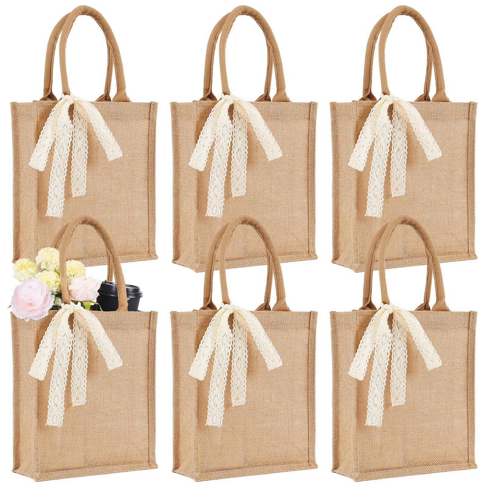 6 PCS Small Burlap Tote Bag Set Reusable Jute Grocery 11×9.45×3.94 Inch Beach