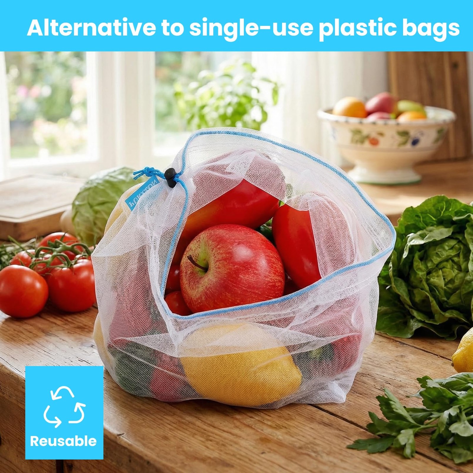 12 Pack Reusable Produce Bags, Heavy Duty Washable Mesh Grocery Bags with Dra…