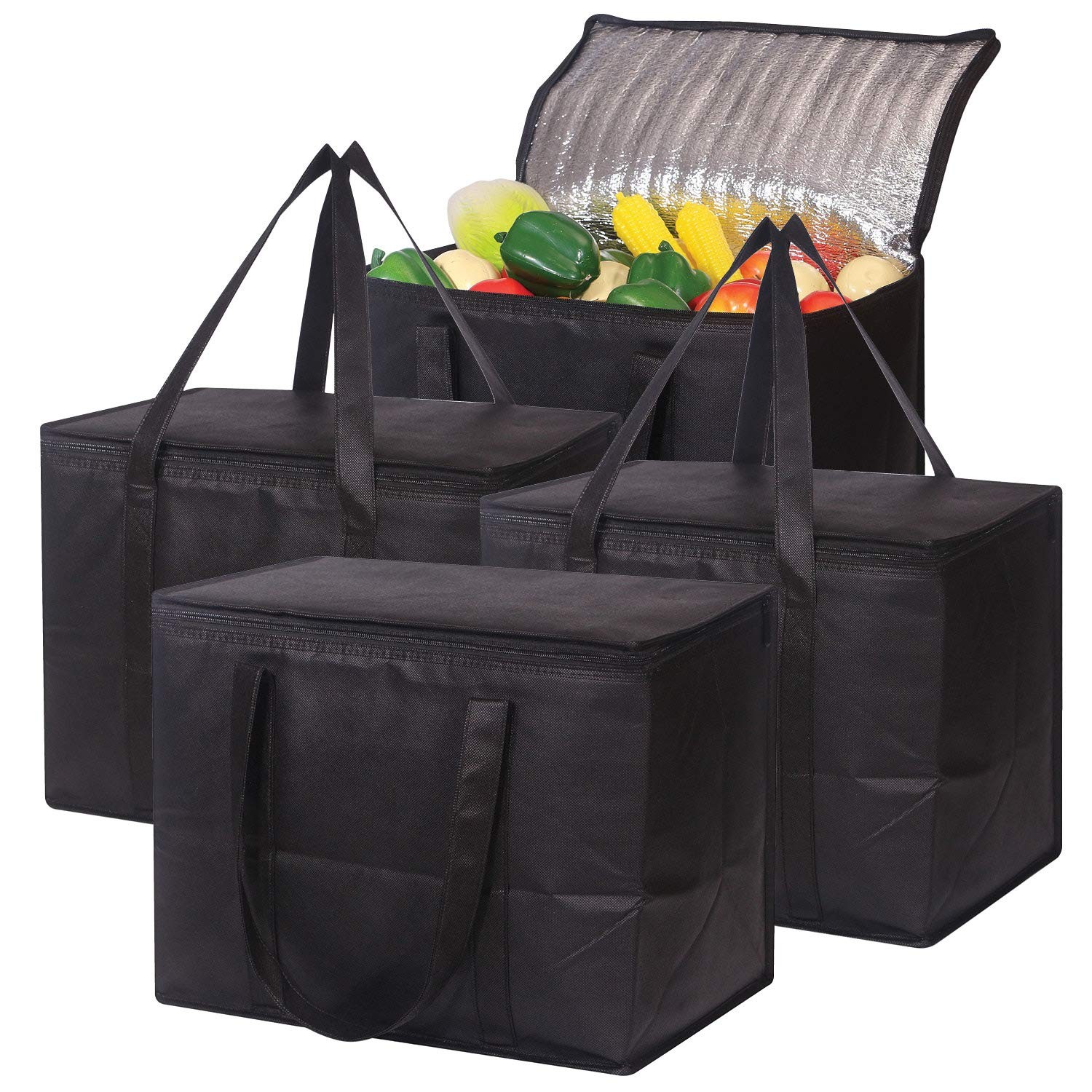 Set of 4 Large Insulated Reusable Grocery Bags with Sturdy Large, Black