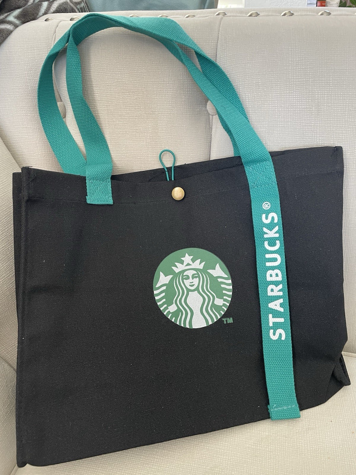 Starbucks Reusable Tote Shopping Bag Black Green Straps Logo 18×12 in 15 cm