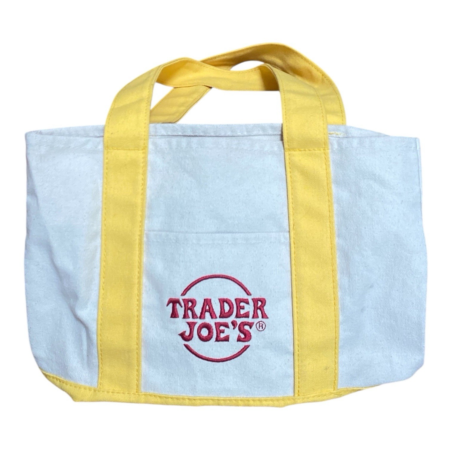 Trader Joes Small Yellow Embroidered Logo Tote Bag Canvas Shopper