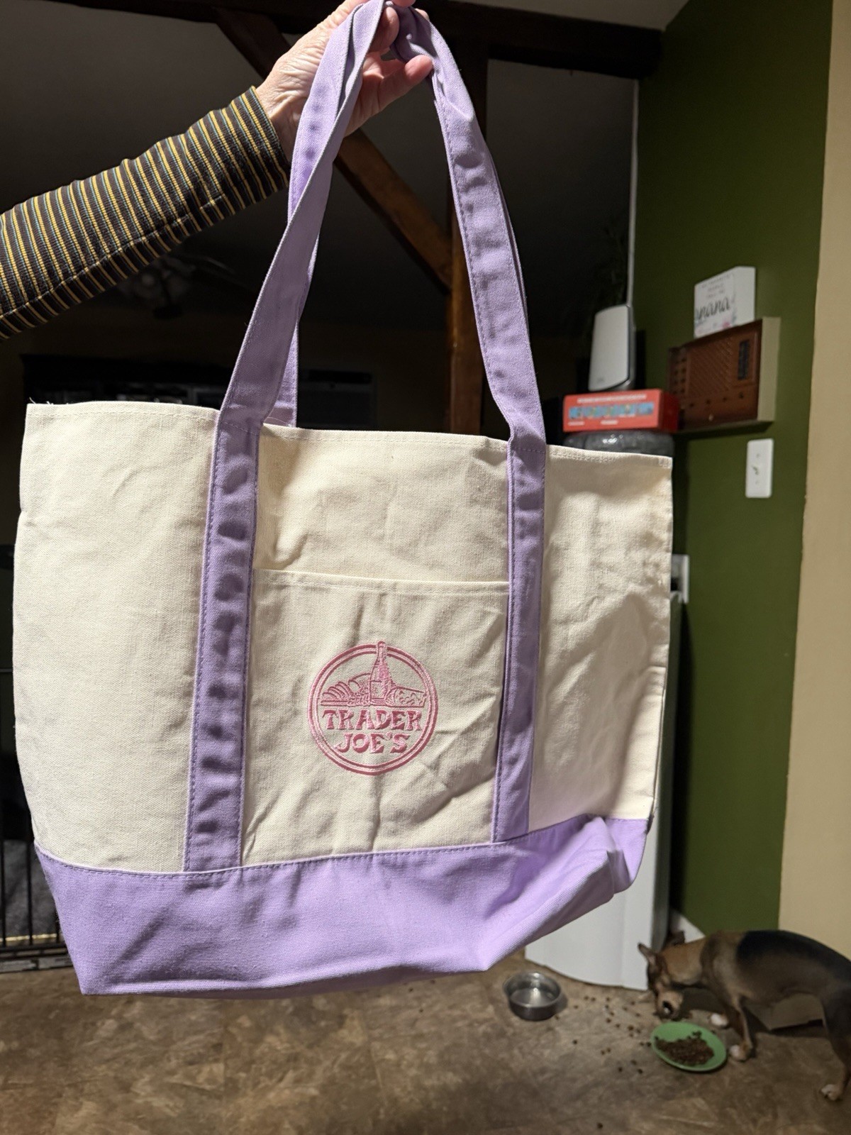 Trader Joe’s Reusable Shopping Bag Foldable Canvas Beige Purple